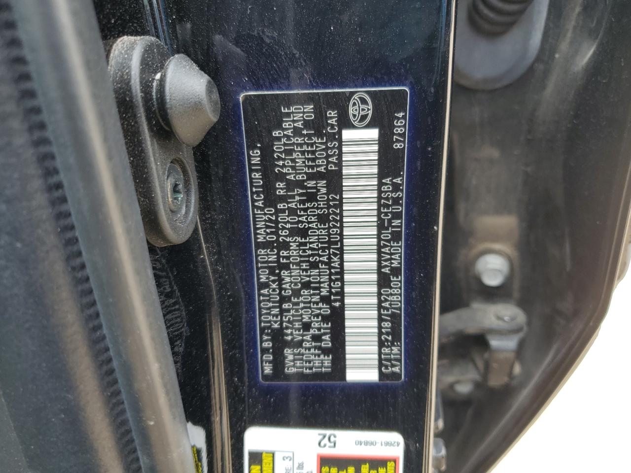 2020 Toyota Camry VIN 4T1G11AK7LU922212 Copart auction photo, side / front end damage thumbnail 12
