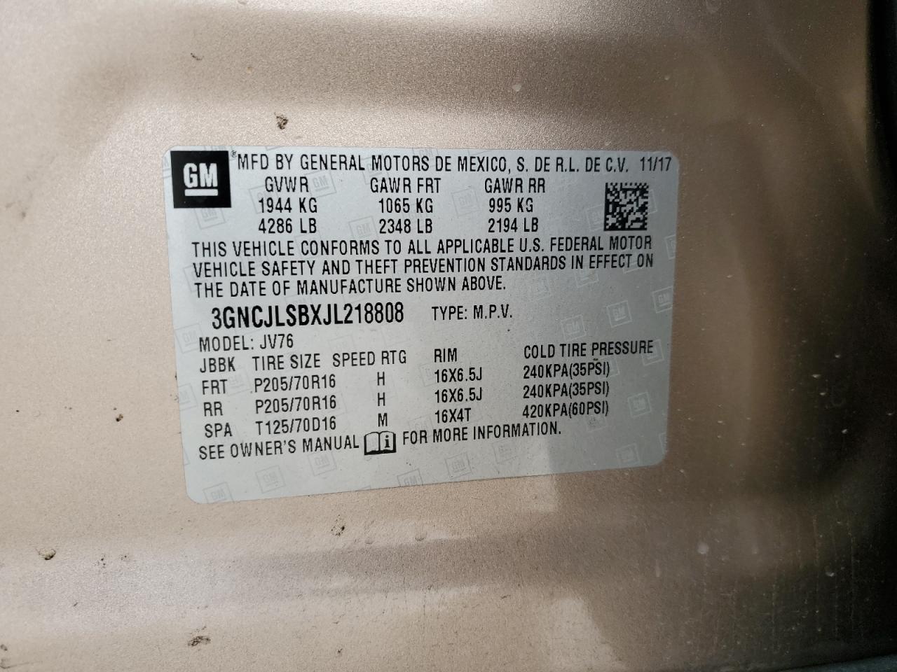 2018 Chevrolet Trax VIN 3GNCJLSBXJL218808 Copart auction photo, front end damage thumbnail 13
