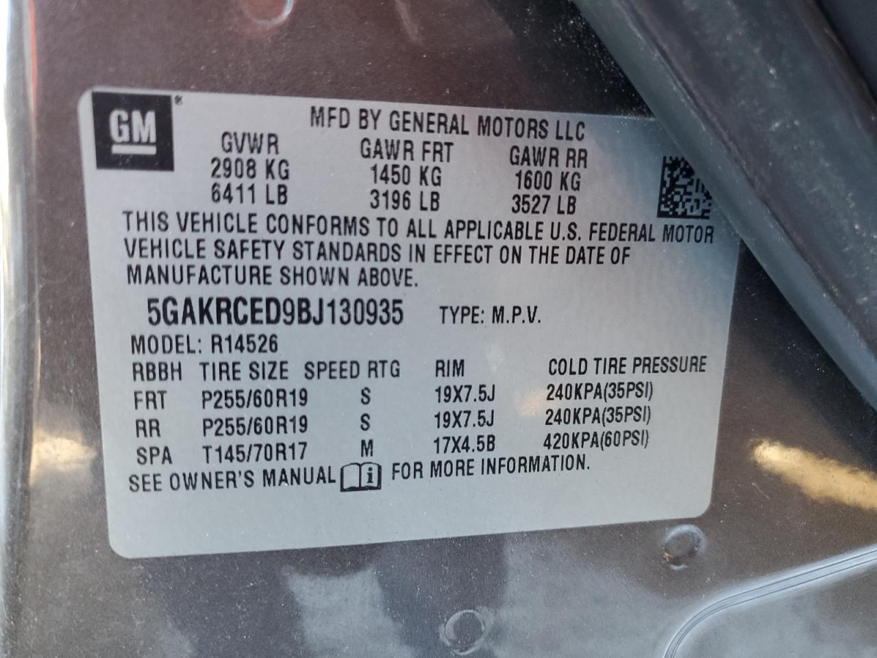 2011 Buick Enclave VIN 5GAKRCED9BJ130935 Copart auction photo, minor dent/scratches damage thumbnail 13