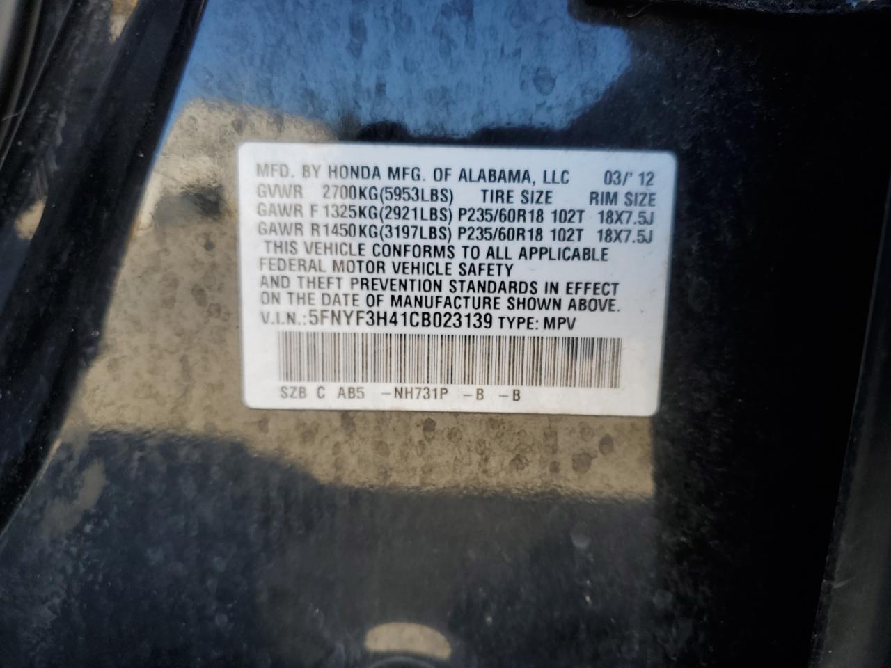 2012 Honda Pilot VIN 5FNYF3H41CB023139 Copart auction photo, rear end damage thumbnail 15