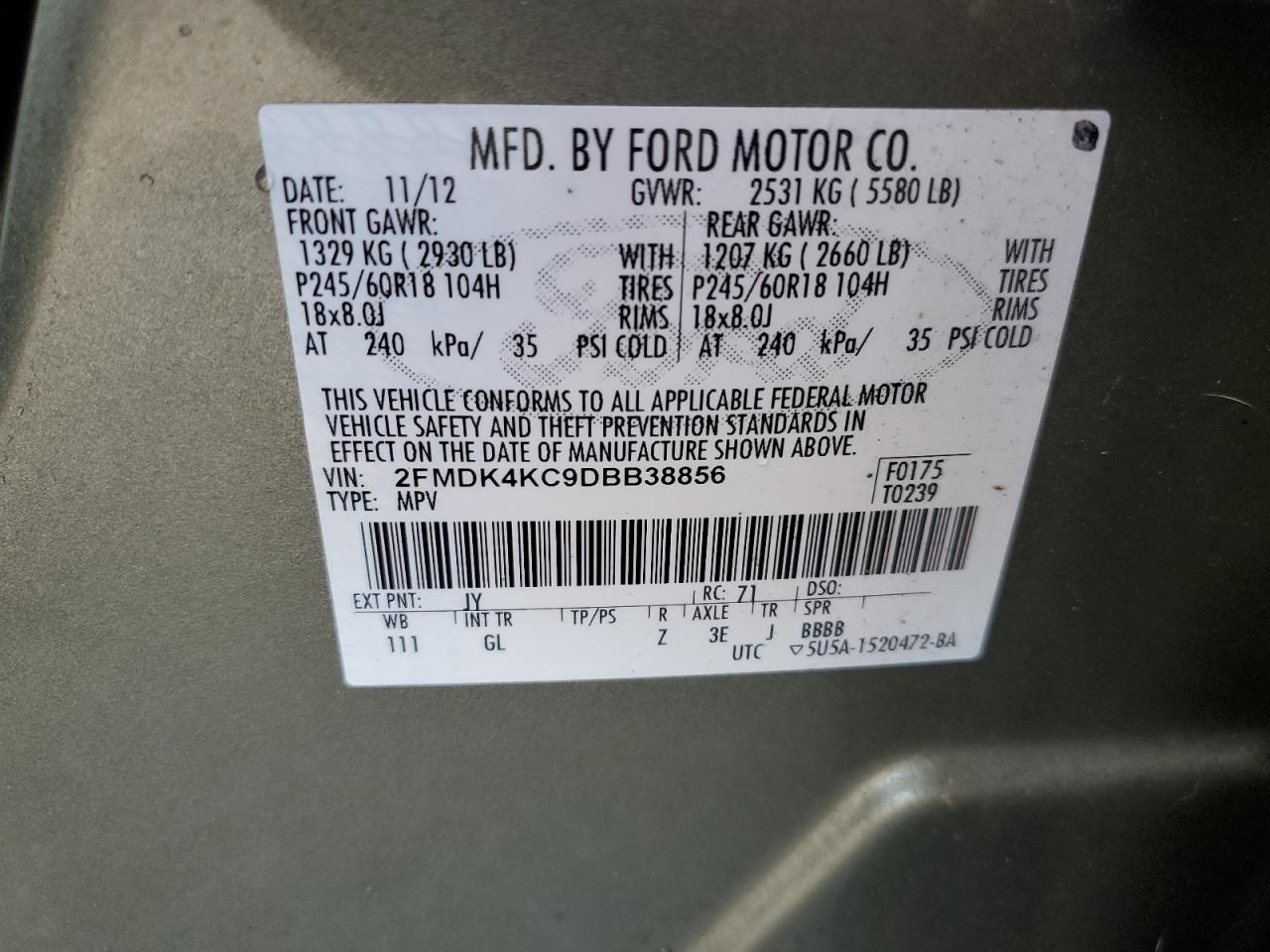 2013 Ford Edge VIN 2FMDK4KC9DBB38856 Copart auction photo, rear end damage thumbnail 13
