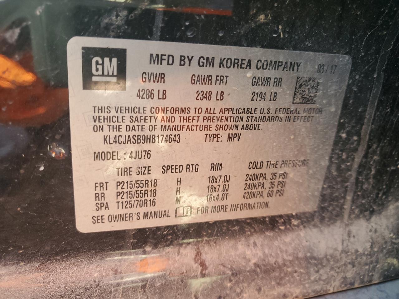 2017 Buick Encore VIN KL4CJASB9HB174643 Copart auction photo, front end / minor dent/scratches damage thumbnail 15