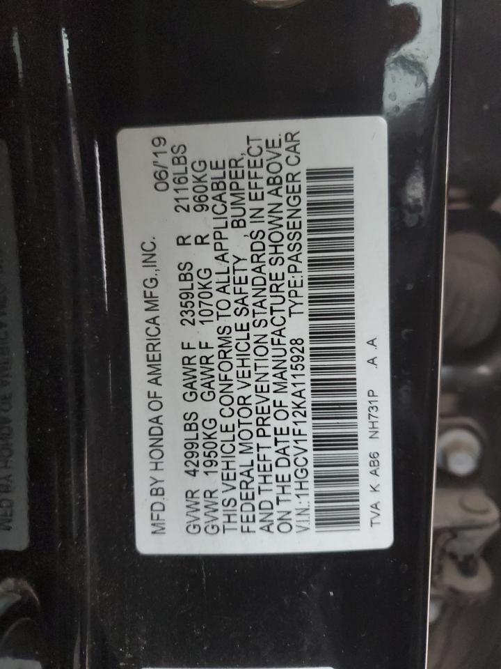 2019 Honda Accord VIN 1HGCV1F12KA115928 Copart auction photo, all over / hail damage thumbnail 14
