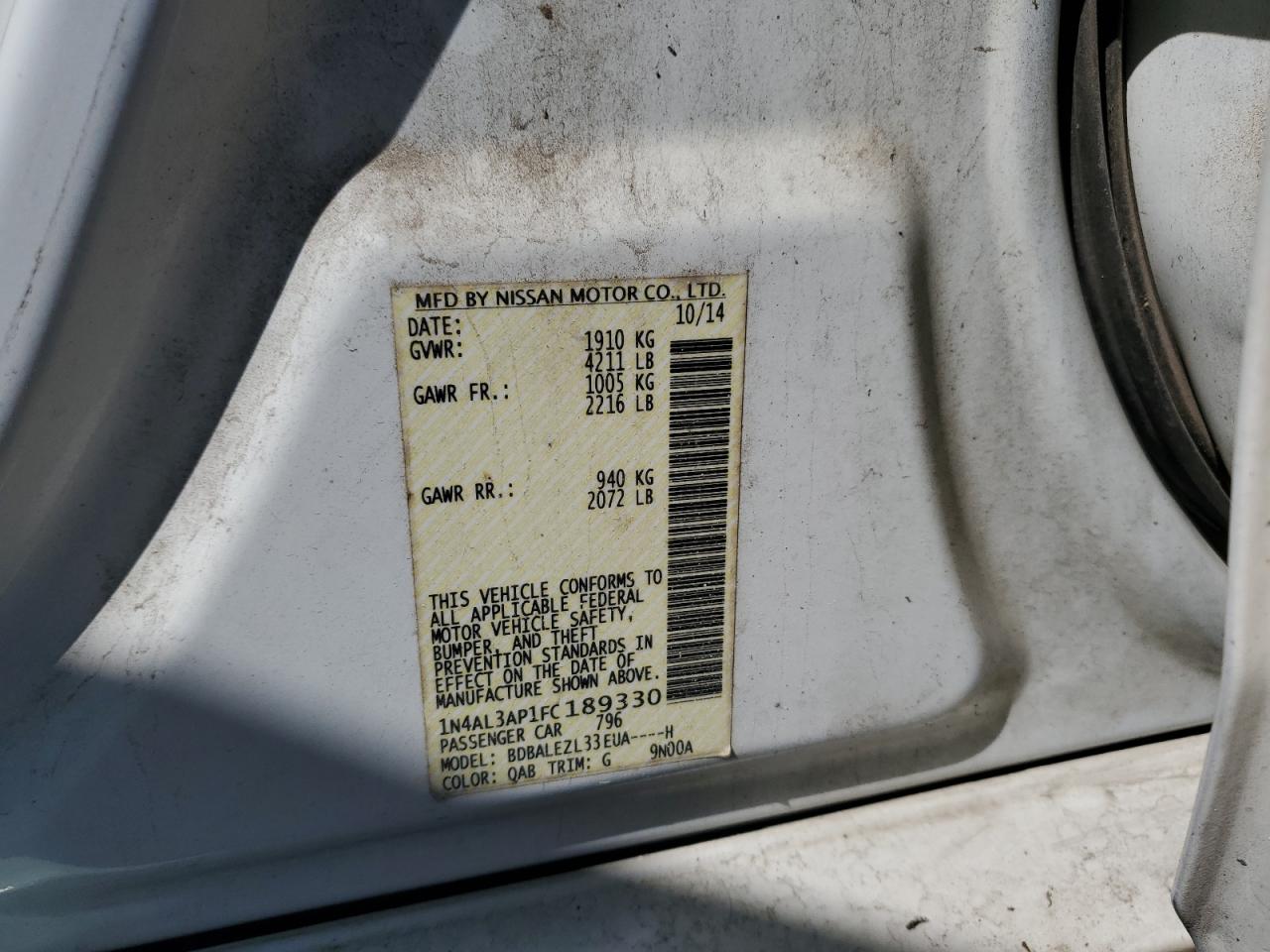 2015 Nissan Altima VIN 1N4AL3AP1FC189330 Copart auction photo, front end damage thumbnail 13