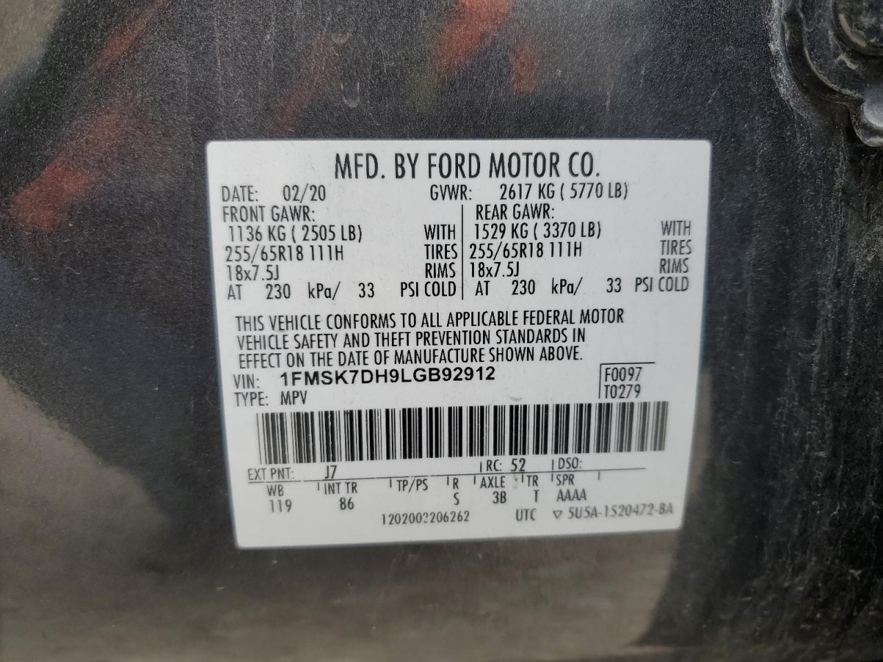 2020 Ford Explorer VIN 1FMSK7DH9LGB92912 Copart auction photo, front end damage thumbnail 14