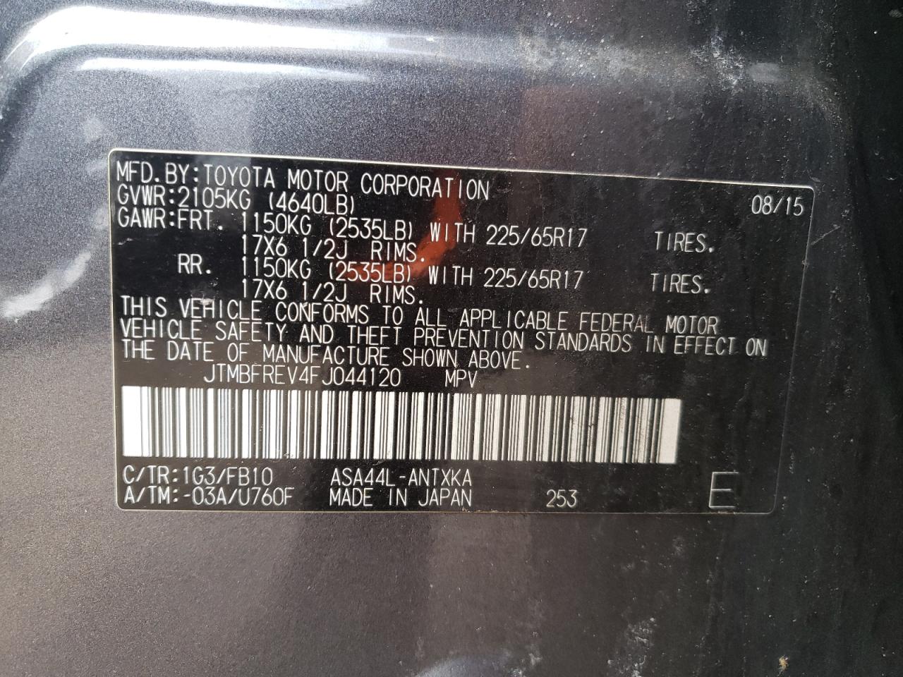 2015 Toyota RAV 4 VIN JTMBFREV4FJ044120 Copart auction photo, rear end / minor dent/scratches damage thumbnail 12