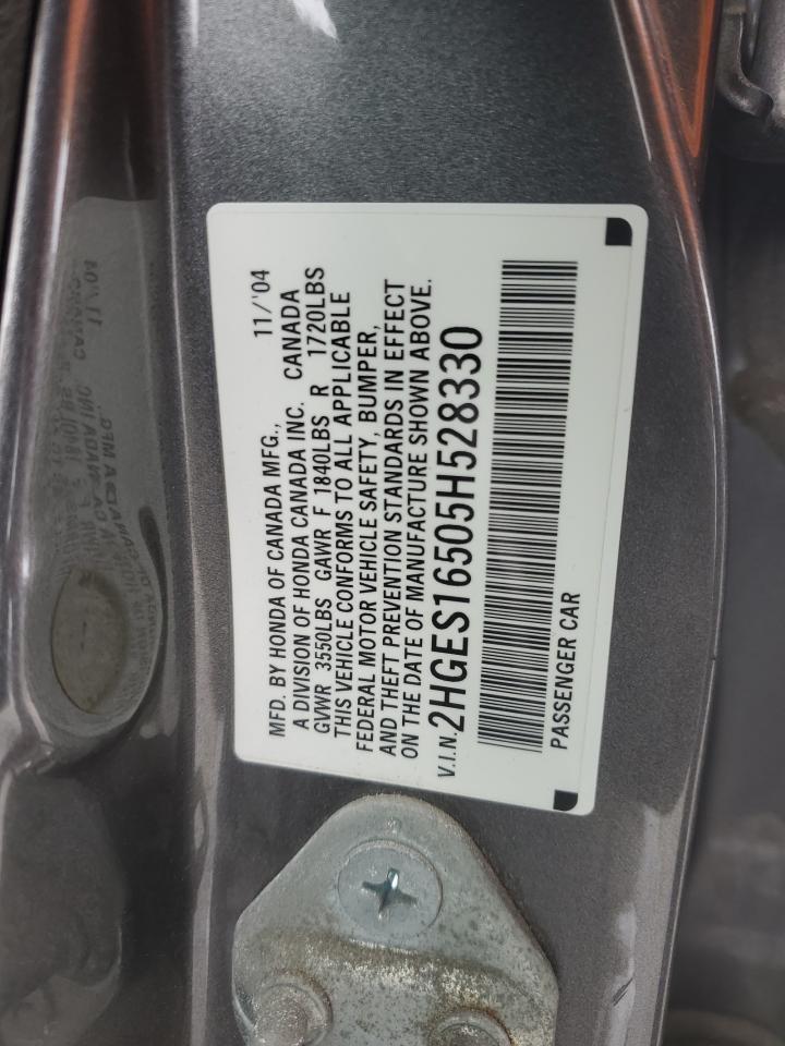 2005 Honda Civic VIN 2HGES16505H528330 Copart auction photo, front end / mechanical damage thumbnail 12