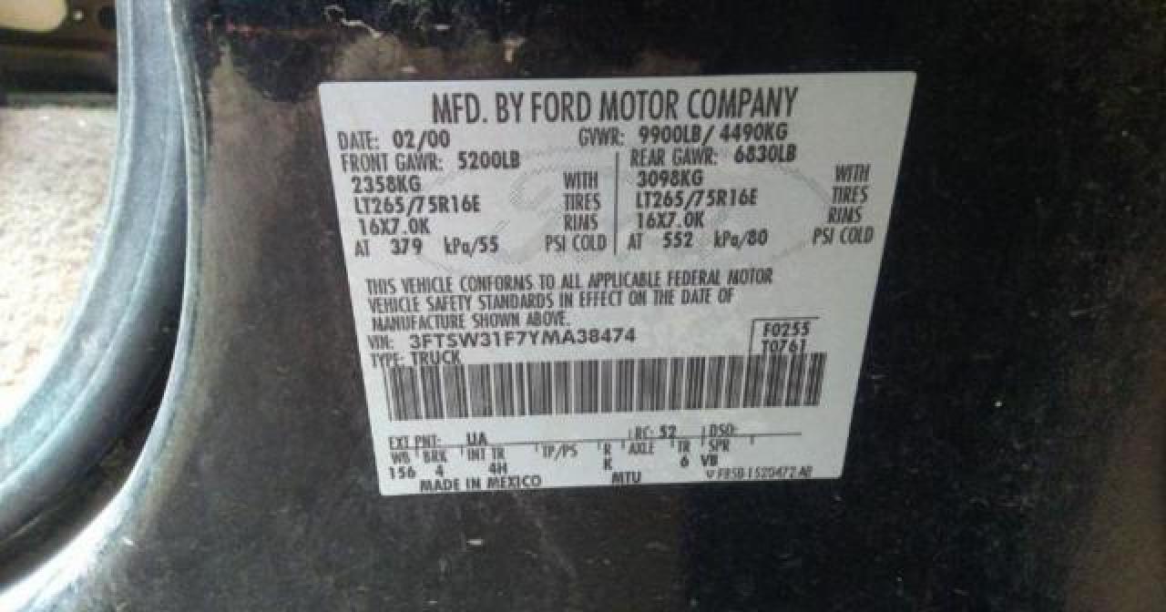 2000 Ford F350 VIN 3FTSW31F7YMA38474 Copart auction photo, front end / normal wear damage thumbnail 10