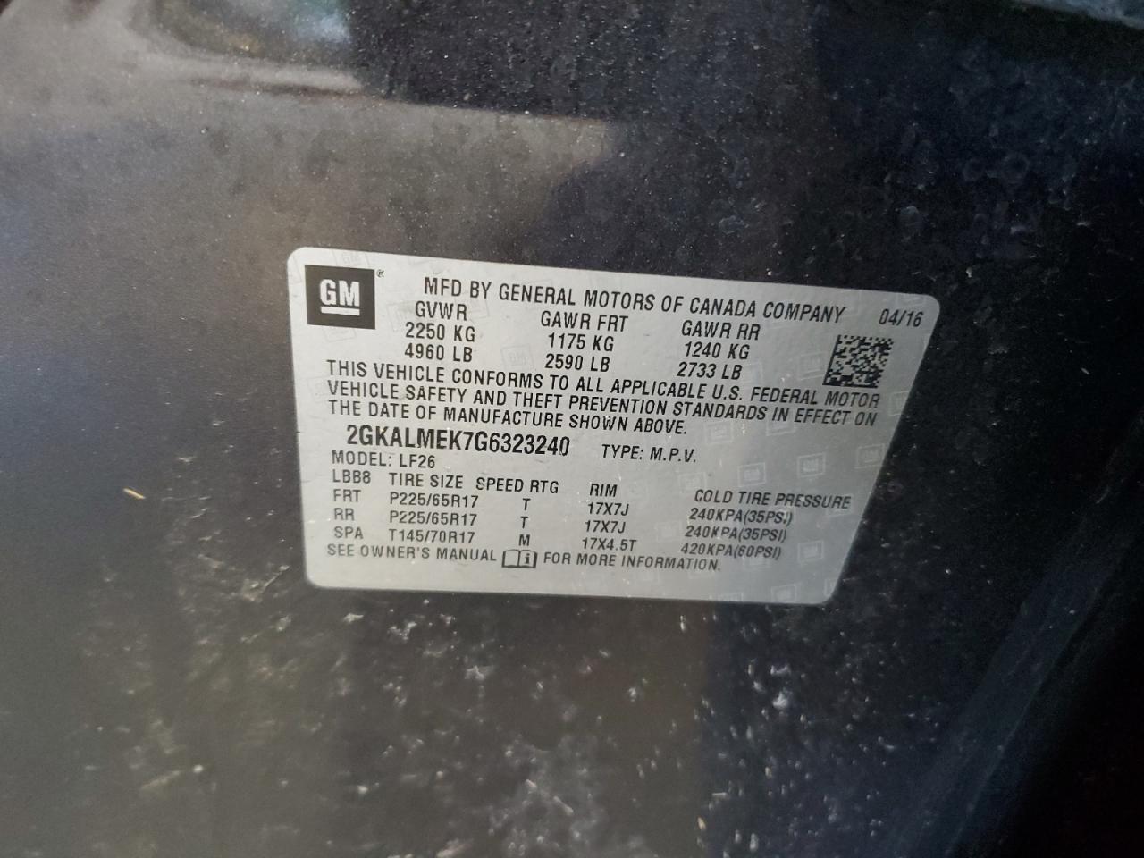 2016 GMC Terrain VIN 2GKALMEK7G6323240 Copart auction photo, front end damage thumbnail 12
