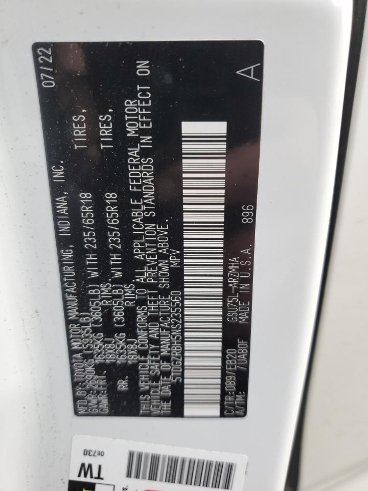 2022 Toyota Highlander VIN 5TDGZRBH5NS235560 Copart auction photo, front end damage thumbnail 13