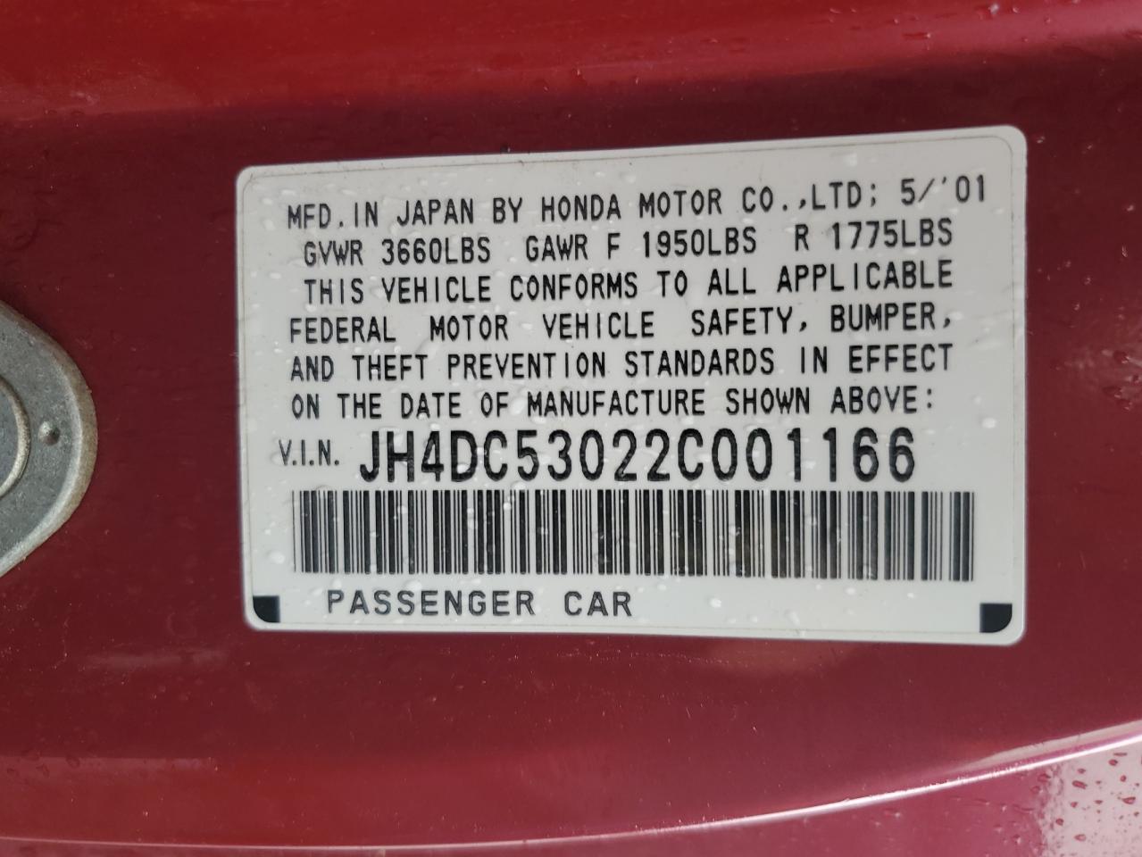 2002 Acura RSX VIN JH4DC53022C001166 Copart auction photo, mechanical damage thumbnail 12
