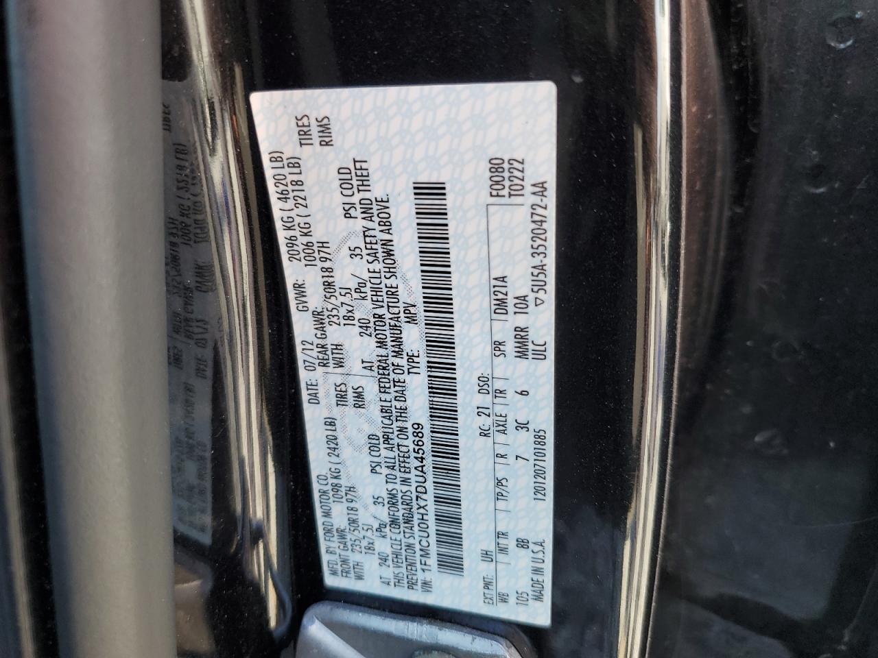 2013 Ford Escape VIN 1FMCU0HX7DUA45689 Copart auction photo, normal wear / minor dent/scratches damage thumbnail 13