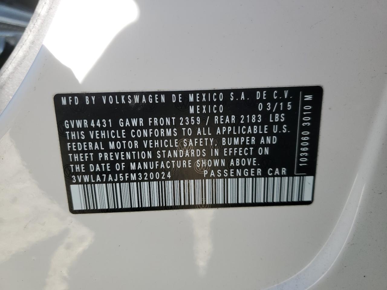 2015 Volkswagen Jetta VIN 3VWLA7AJ5FM320024 Copart auction photo, side / front end damage thumbnail 12