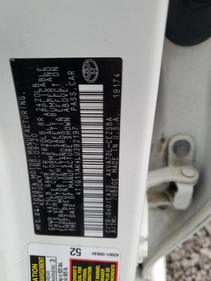 2020 Toyota Camry VIN 4T1G11AK4LU392197 Copart auction photo, front end damage thumbnail 12