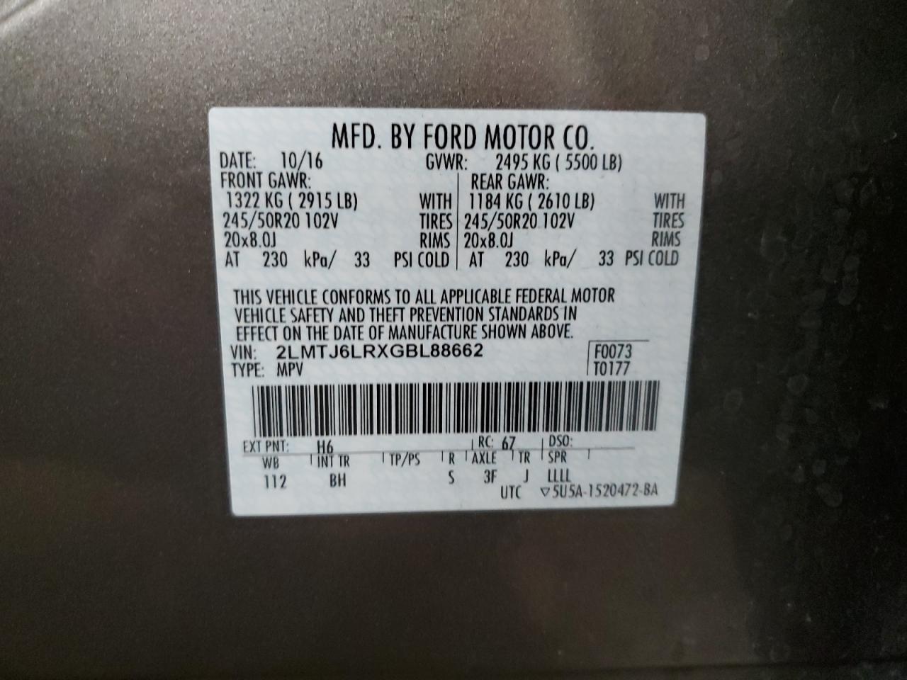 2016 Lincoln MKX VIN 2LMTJ6LRXGBL88662 Copart auction photo, front end / undercarriage damage thumbnail 13