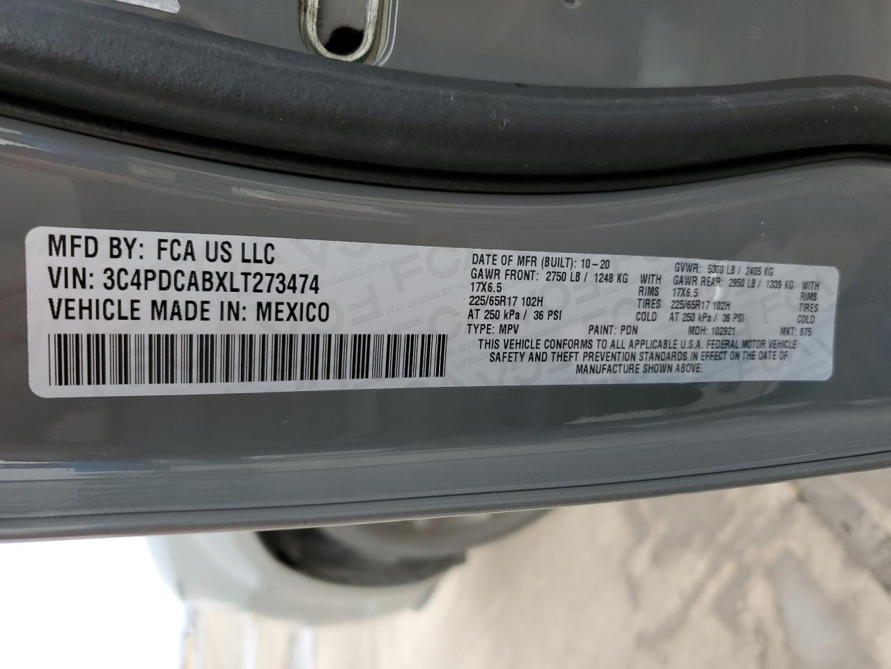 2020 Dodge Journey VIN 3C4PDCABXLT273474 Copart auction photo, side / hail damage thumbnail 14