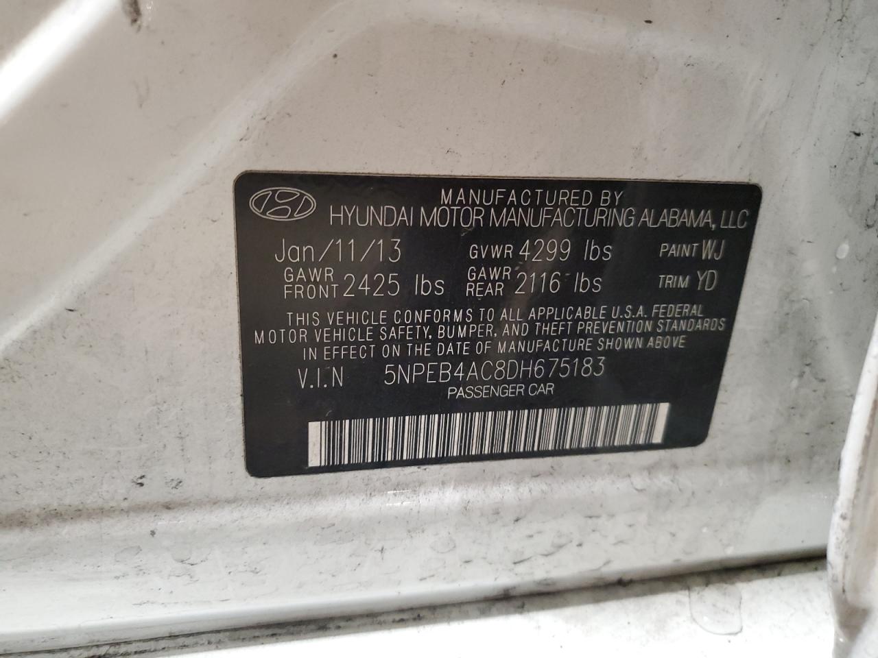 2013 Hyundai Sonata VIN 5NPEB4AC8DH675183 Copart auction photo, front end / side damage thumbnail 13