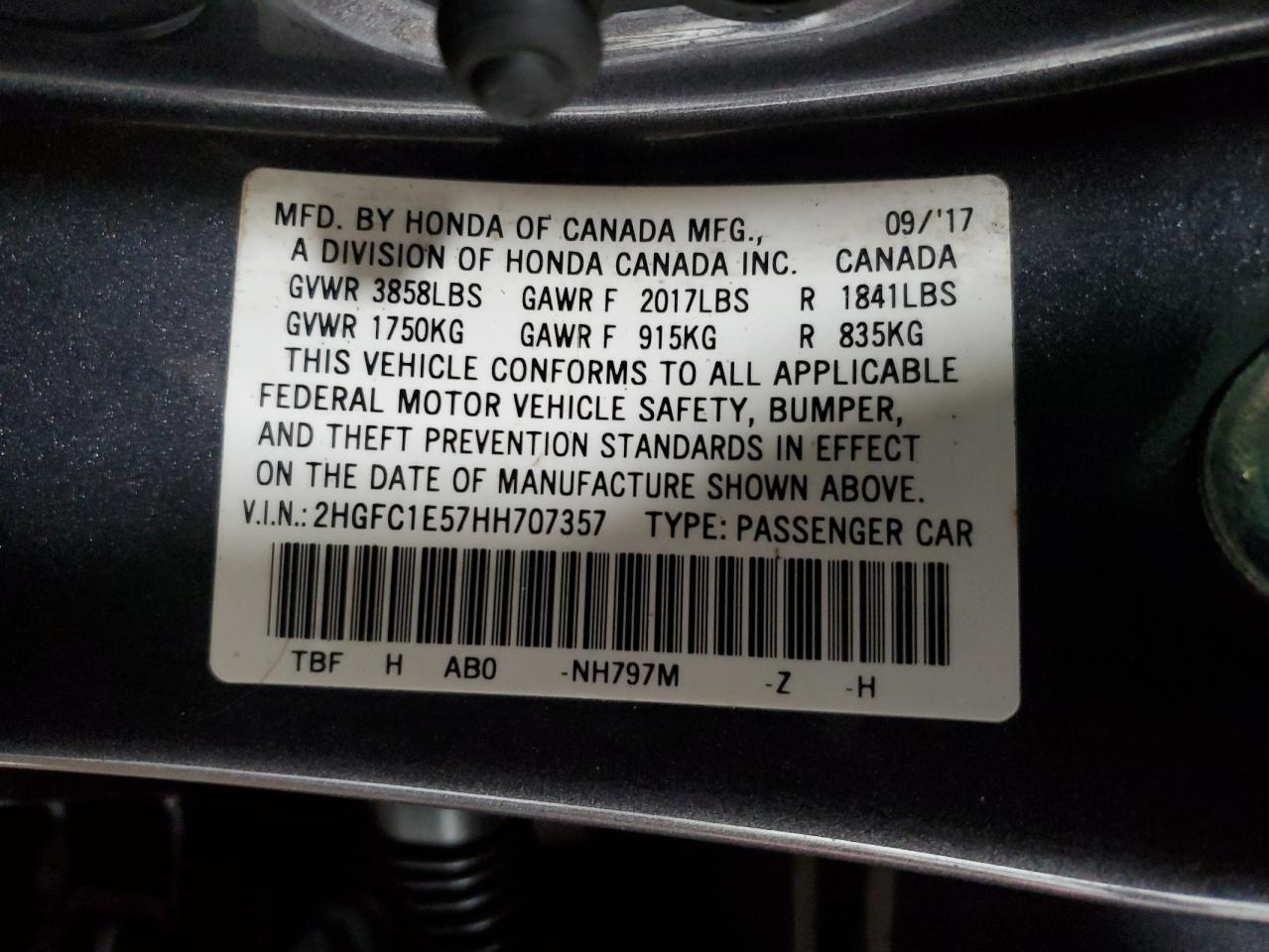 2017 Honda Civic VIN 2HGFC1E57HH707357 Copart auction photo, front end / rear end damage thumbnail 13