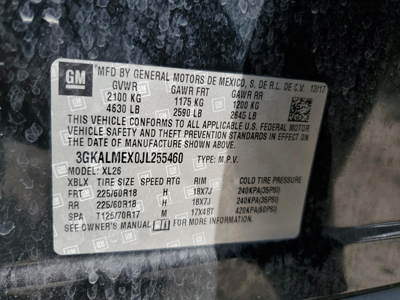 2018 GMC Terrain VIN 3GKALMEX0JL255460 Copart auction photo, front end / side damage thumbnail 14
