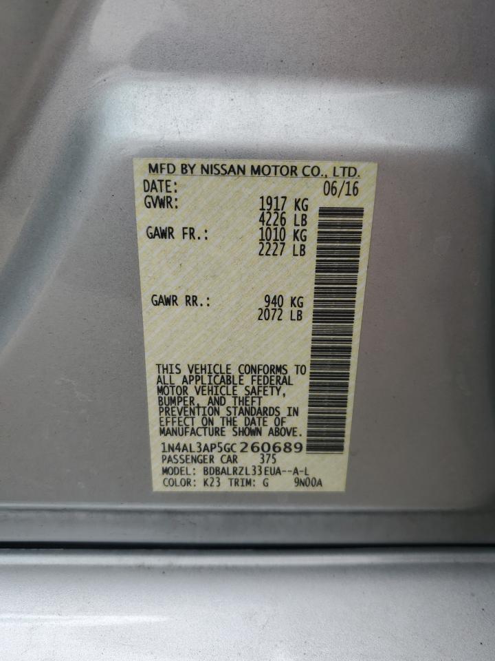 2016 Nissan Altima VIN 1N4AL3AP5GC260689 Copart auction photo, rear end / front end damage thumbnail 12