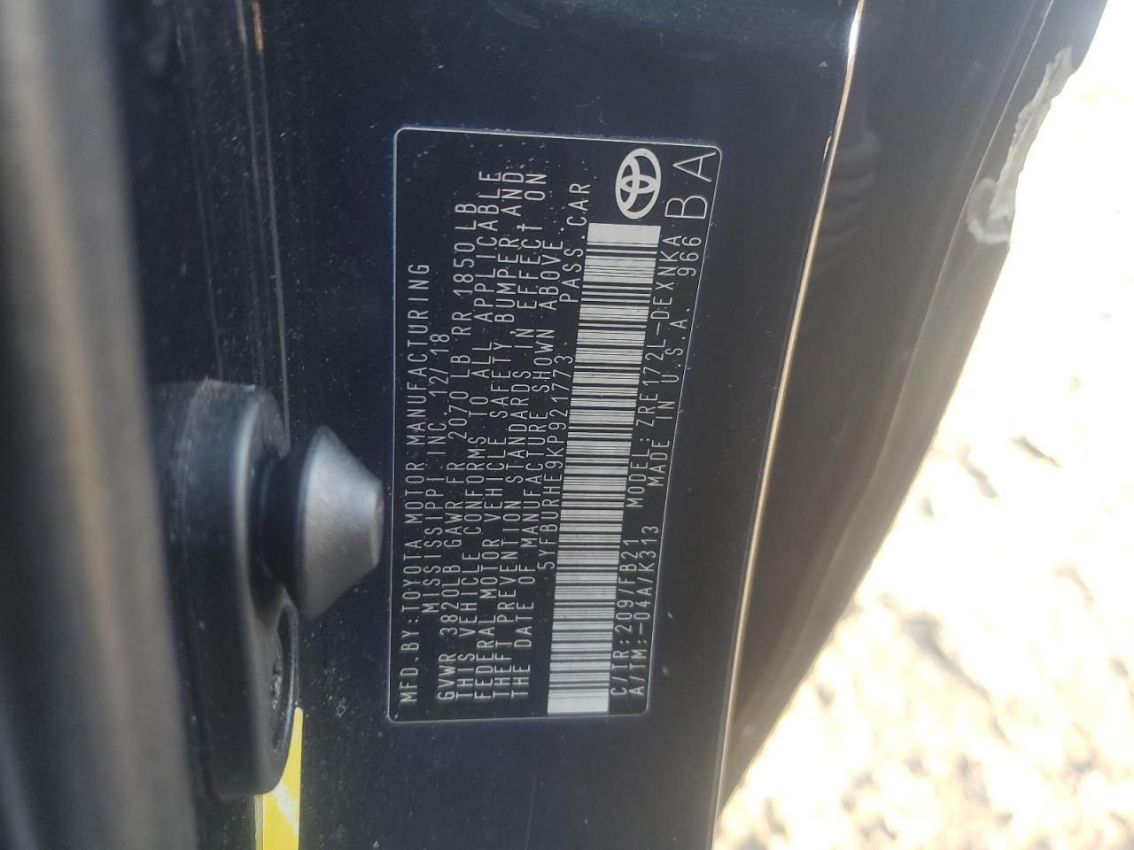 2019 Toyota Corolla VIN 5YFBURHE9KP921773 Copart auction photo, all over damage thumbnail 12