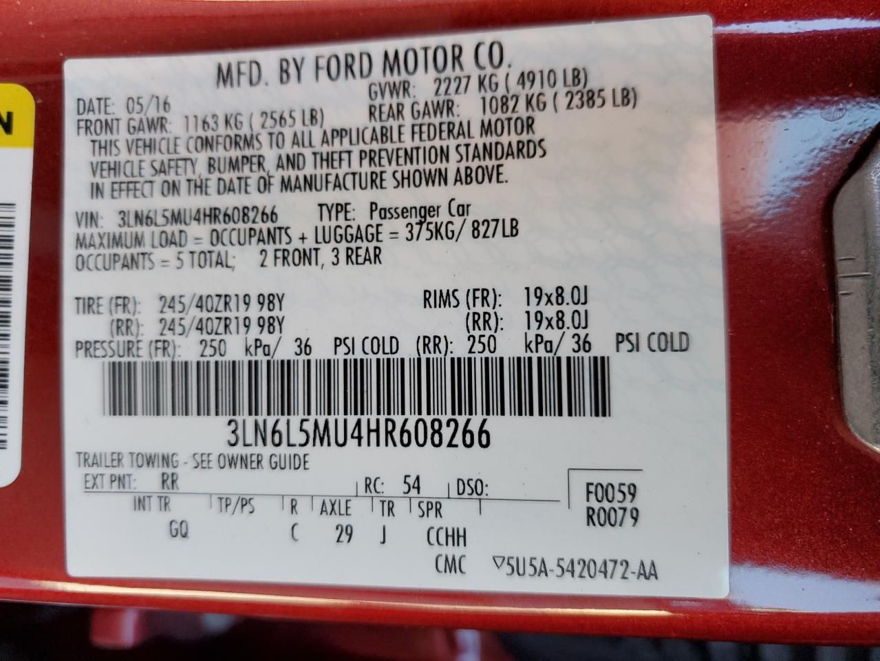 2017 Lincoln MKZ VIN 3LN6L5MU4HR608266 Copart auction photo, front end / side damage thumbnail 13
