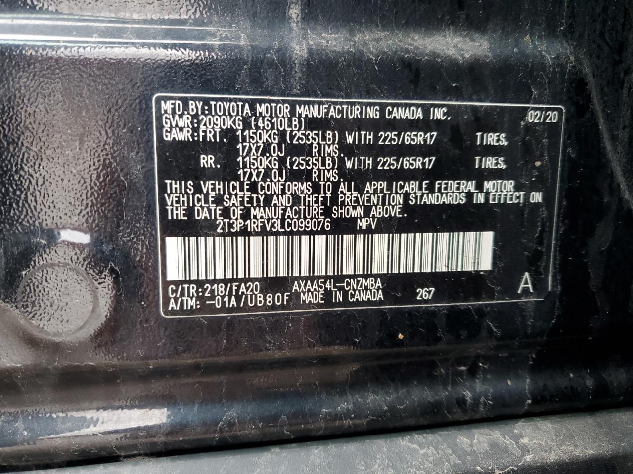 2020 Toyota RAV 4 VIN 2T3P1RFV3LC099076 Copart auction photo, front end / side damage thumbnail 15
