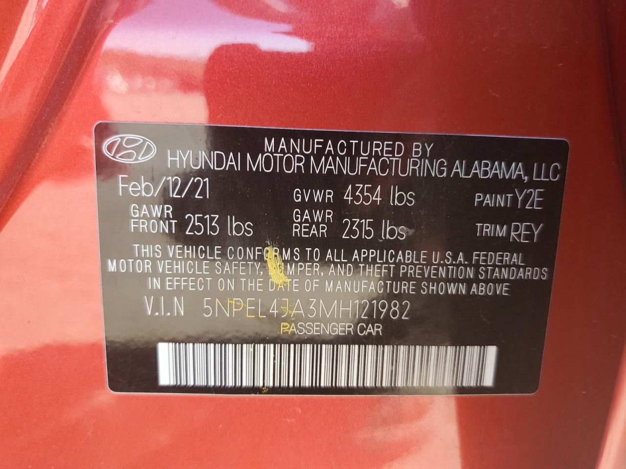 2021 Hyundai Sonata VIN 5NPEL4JA3MH121982 Copart auction photo, all over / undercarriage damage thumbnail 15