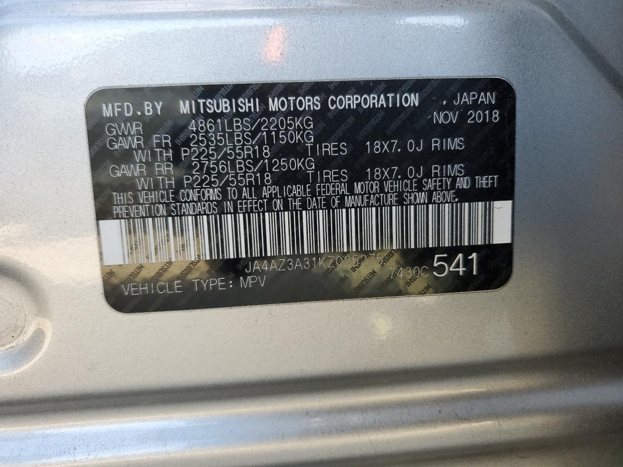 2019 Mitsubishi Outlander VIN JA4AZ3A31KZ025275 Copart auction photo, front end damage thumbnail 14