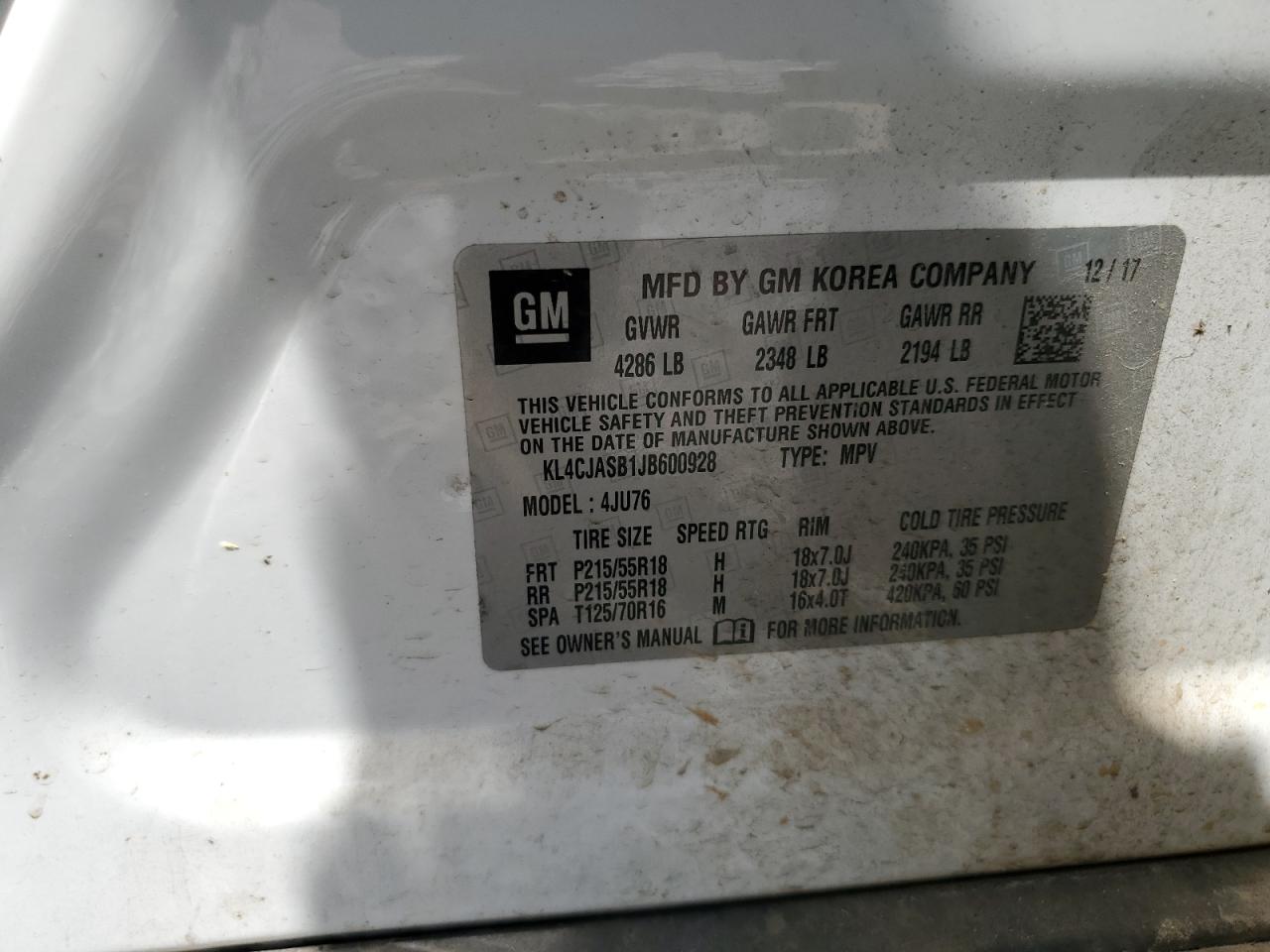 2018 Buick Encore VIN KL4CJASB1JB600928 Copart auction photo, front end damage thumbnail 14