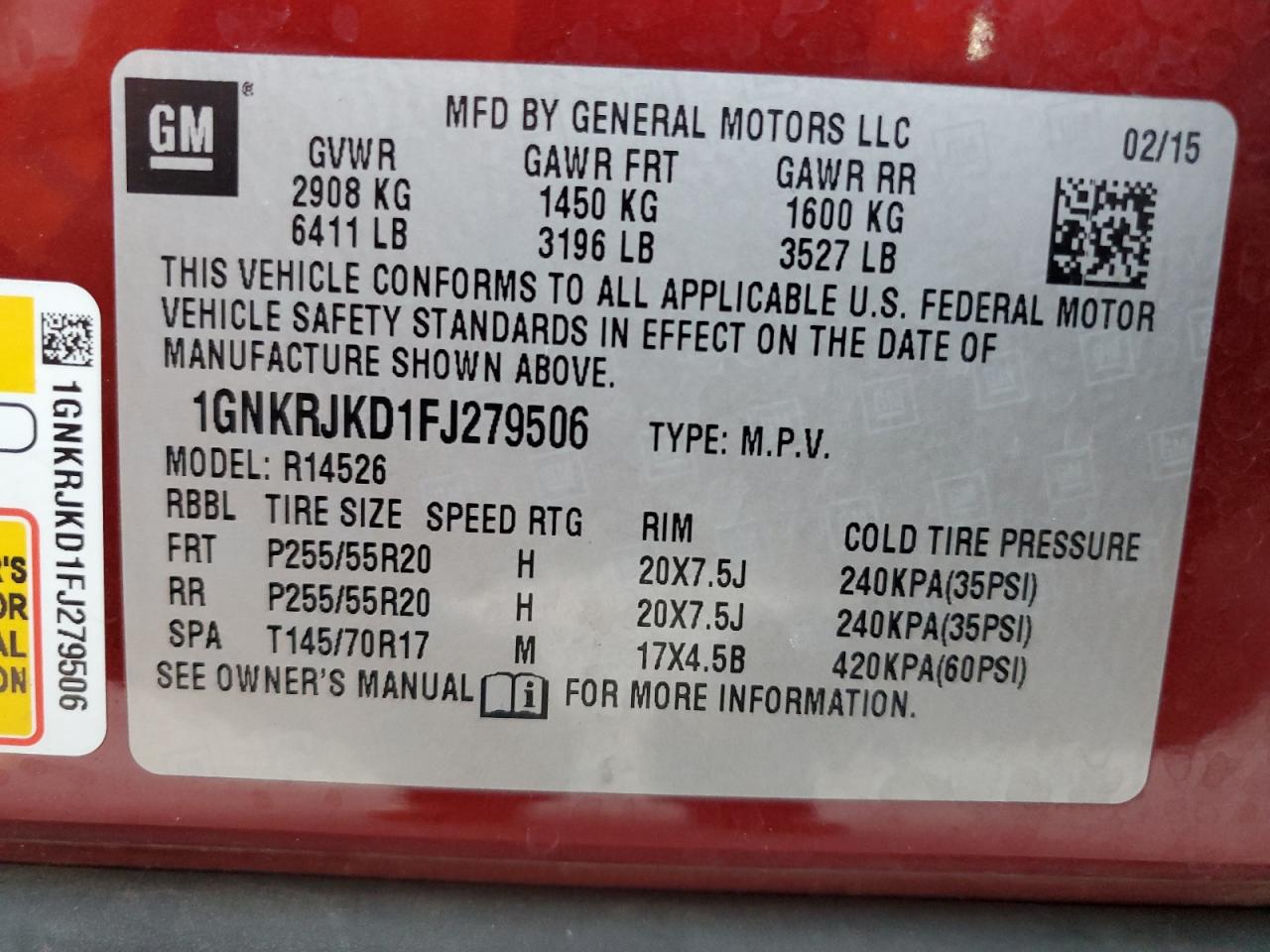 2015 Chevrolet Traverse VIN 1GNKRJKD1FJ279506 Copart auction photo, hail / rear end damage thumbnail 13