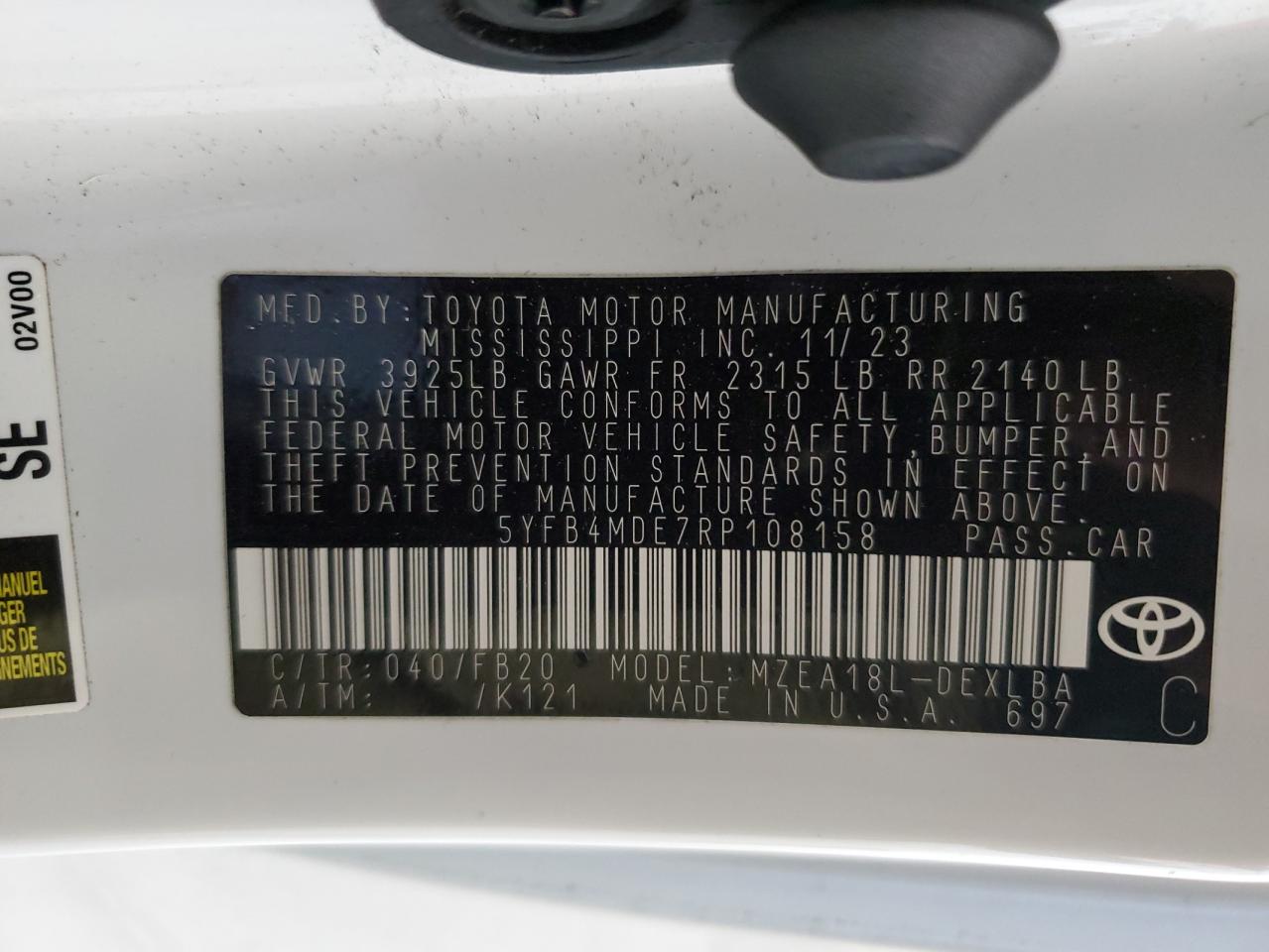 2024 Toyota Corolla VIN 5YFB4MDE7RP108158 Copart auction photo, front end damage thumbnail 12