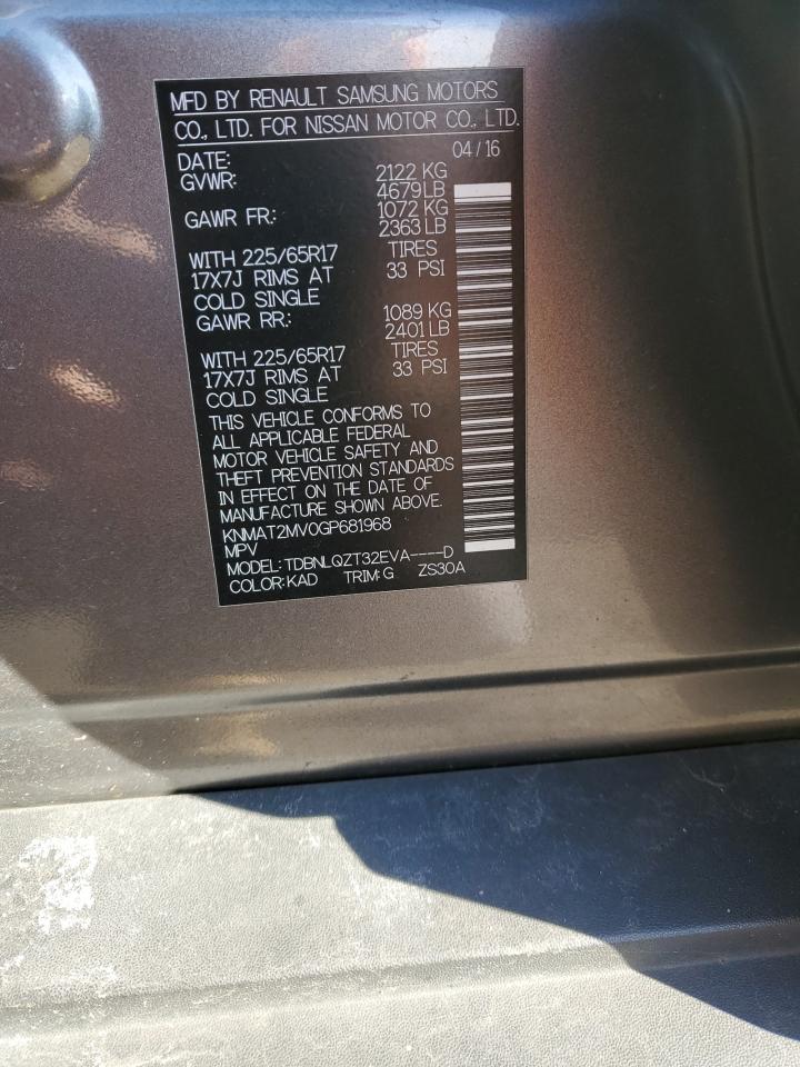 2016 Nissan Rogue VIN KNMAT2MV0GP681968 Copart auction photo, all over damage thumbnail 12