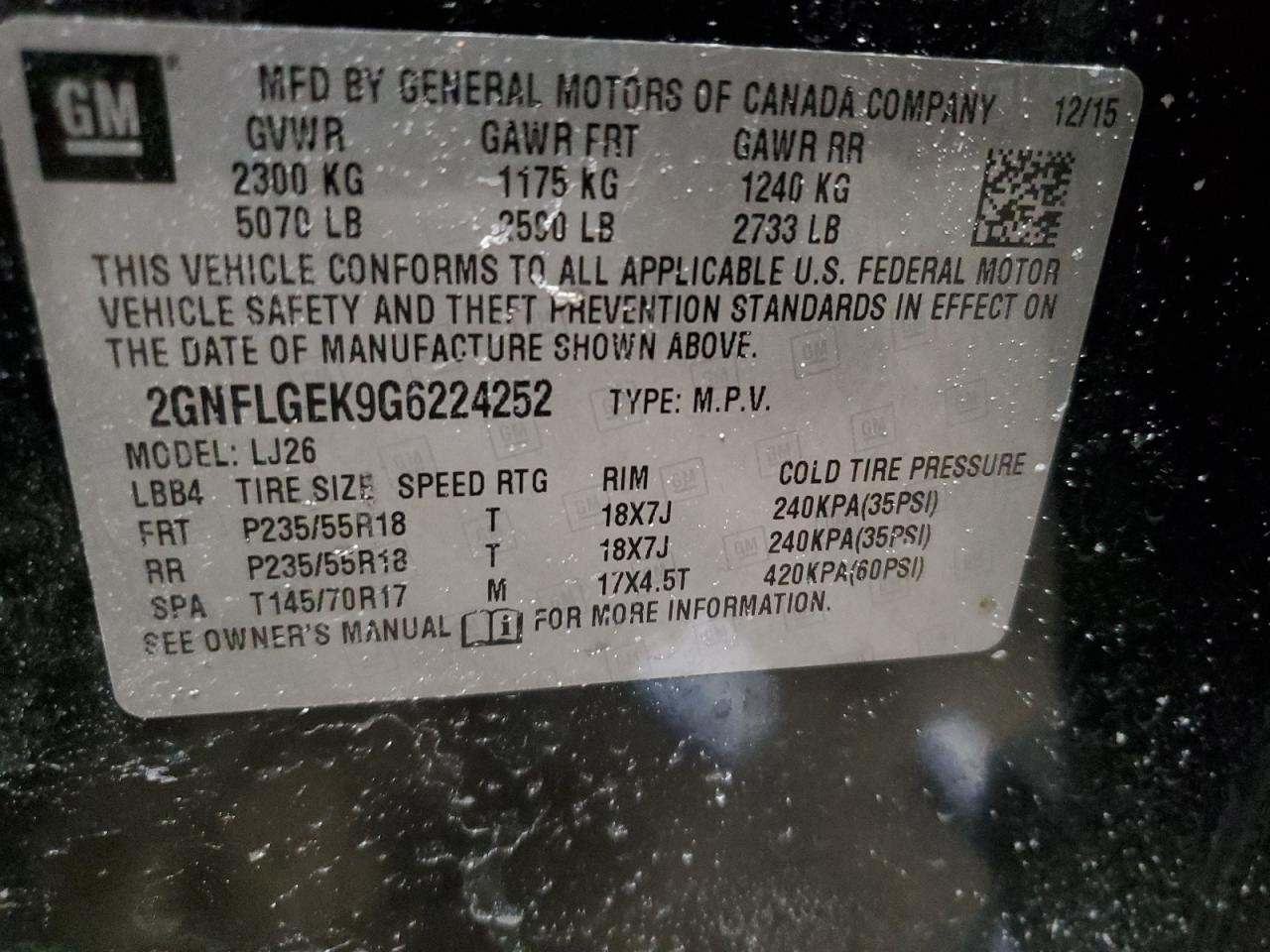 2016 Chevrolet Equinox VIN 2GNFLGEK9G6224252 Copart auction photo, front end damage thumbnail 16