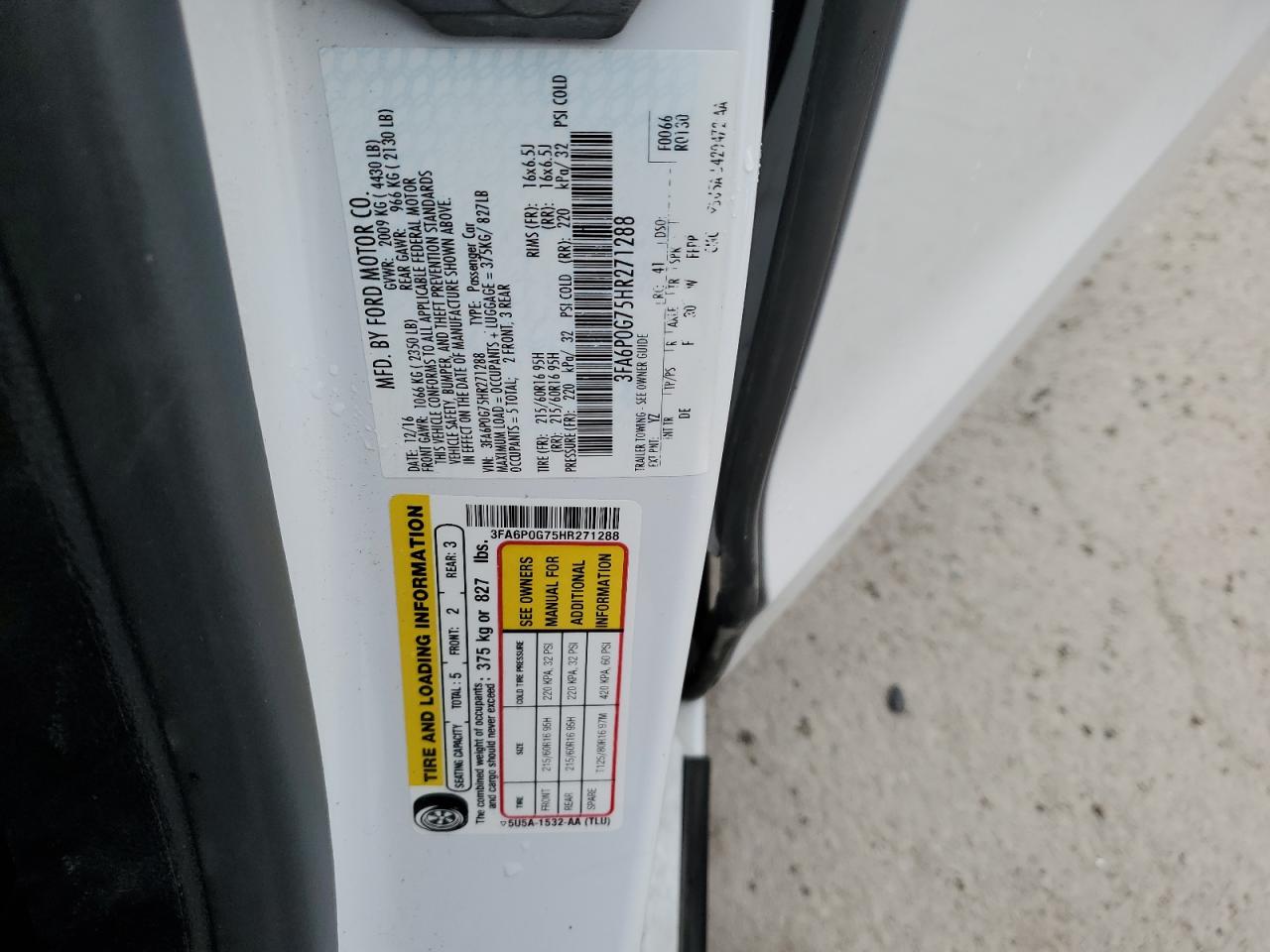 2017 Ford Fusion VIN 3FA6P0G75HR271288 Copart auction photo, front end damage thumbnail 14
