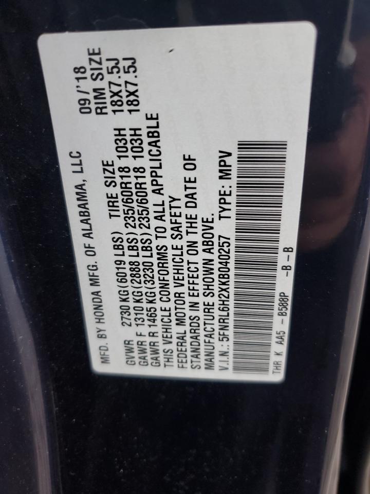 2019 Honda Odyssey VIN 5FNRL6H2XKB040257 Copart auction photo, front end / side damage thumbnail 15