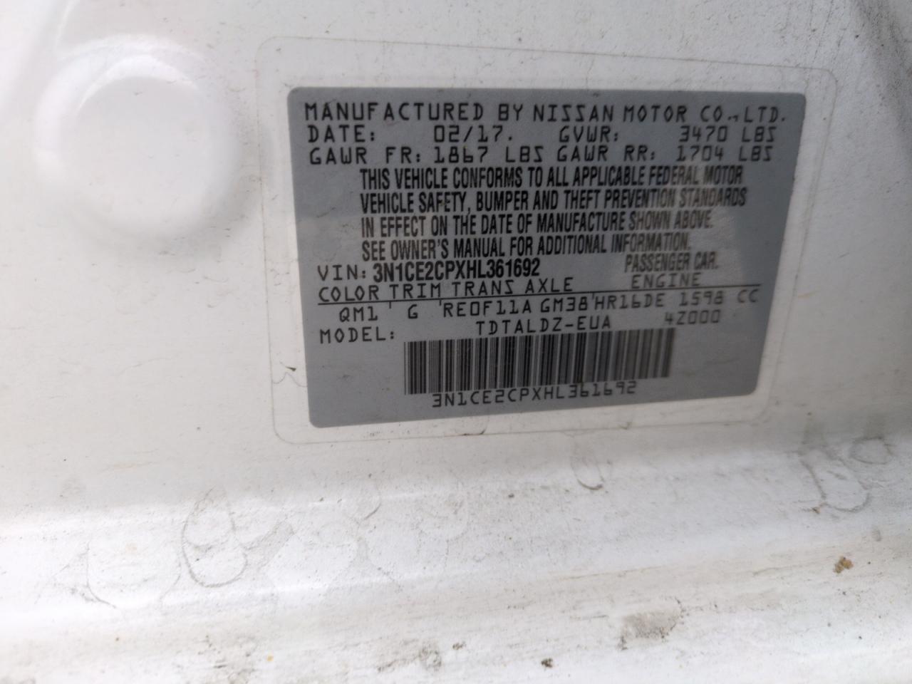 2017 Nissan Versa VIN 3N1CE2CPXHL361692 Copart auction photo, rear end damage thumbnail 12