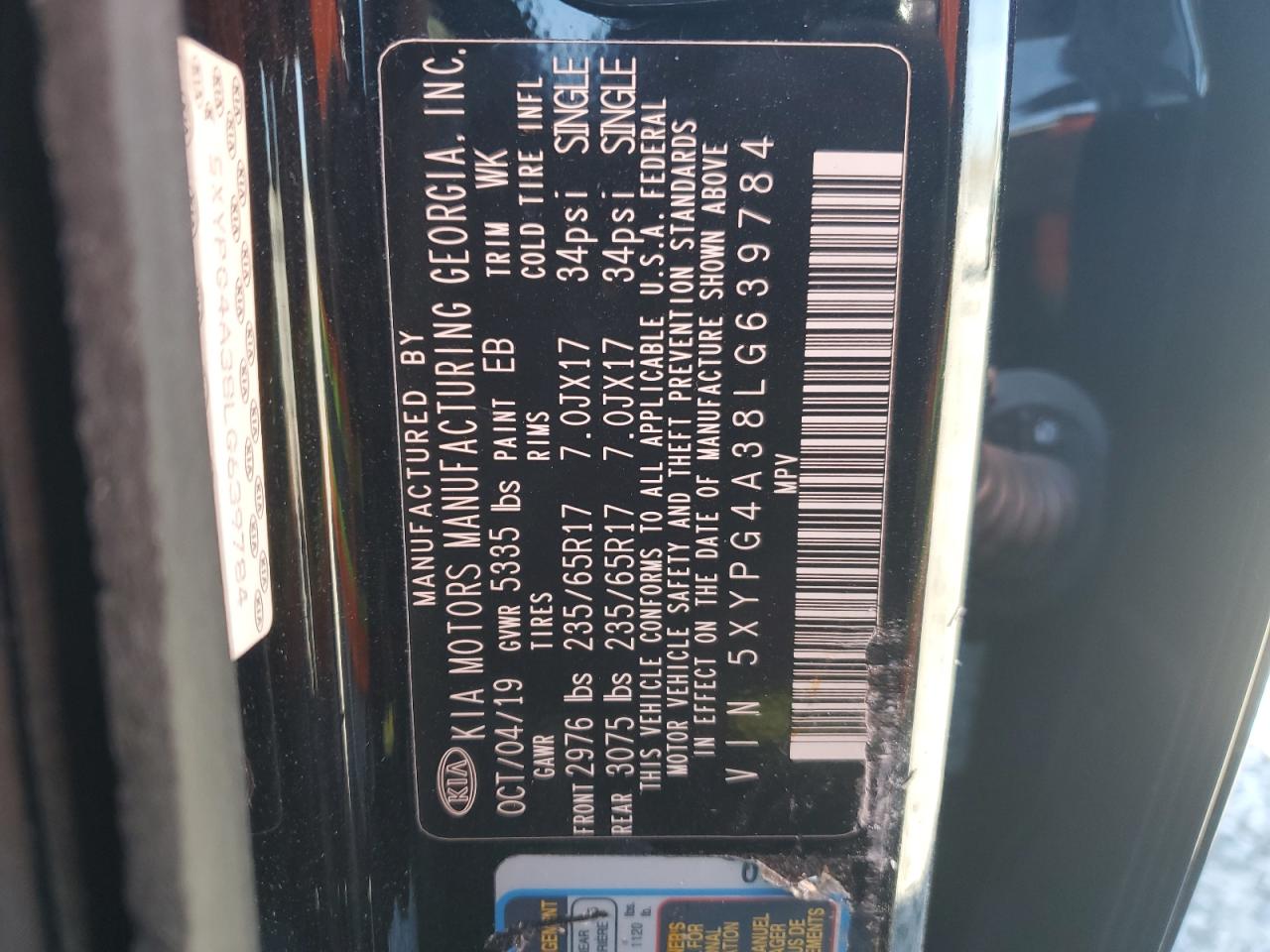 2020 KIA Sorento VIN 5XYPG4A38LG639784 Copart auction photo, side damage thumbnail 15