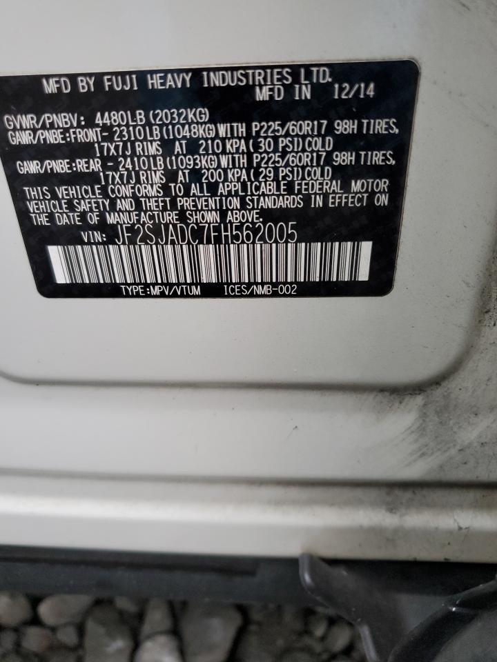 2015 Subaru Forester VIN JF2SJADC7FH562005 Copart auction photo, front end / minor dent/scratches damage thumbnail 13