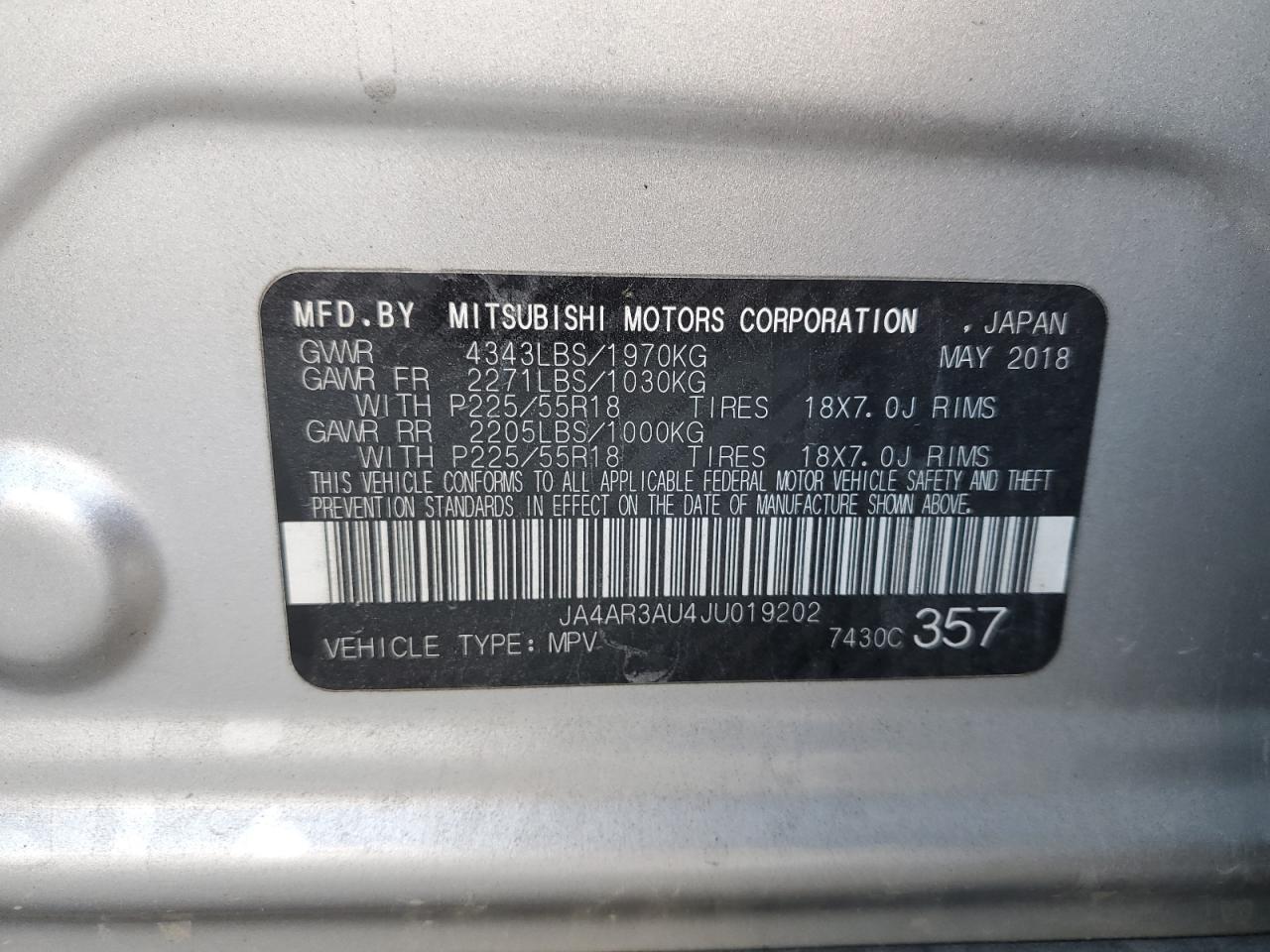 2018 Mitsubishi Outlander VIN JA4AR3AU4JU019202 Copart auction photo, front end / minor dent/scratches damage thumbnail 15