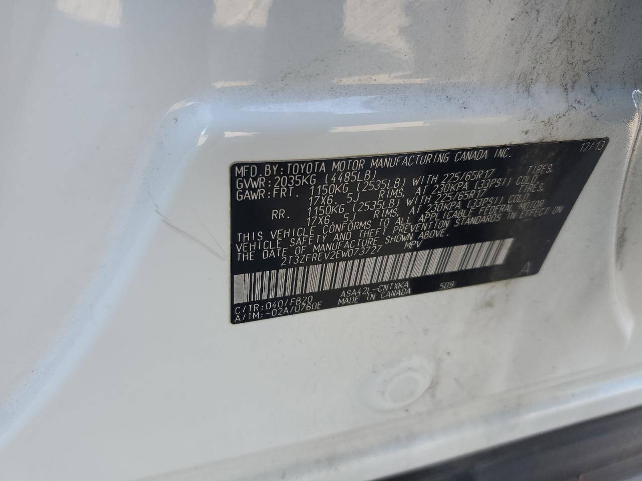 2014 Toyota RAV 4 VIN 2T3ZFREV2EW073727 Copart auction photo, front end damage thumbnail 15
