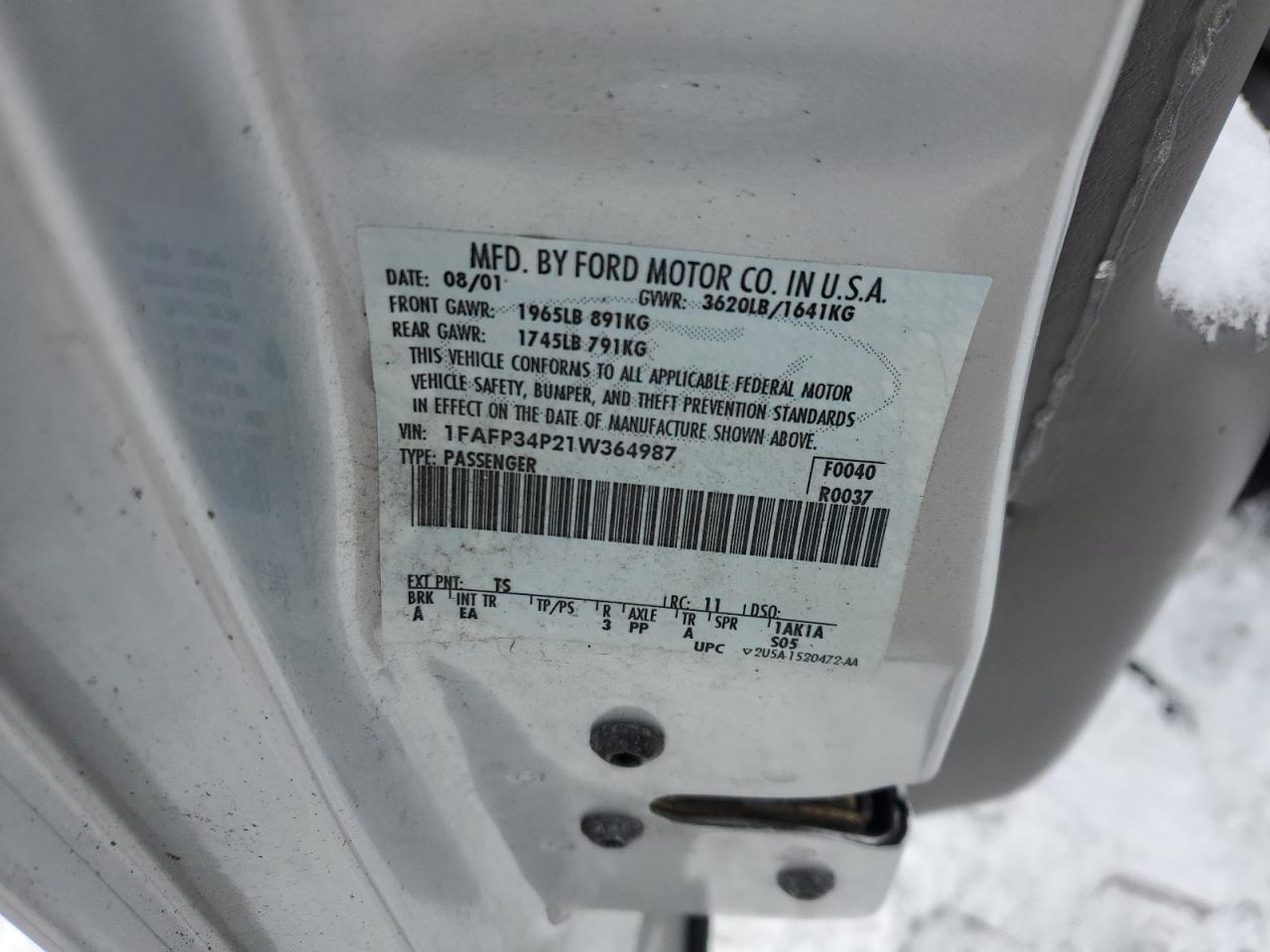 2001 Ford Focus VIN 1FAFP34P21W364987 Copart auction photo, side damage thumbnail 12