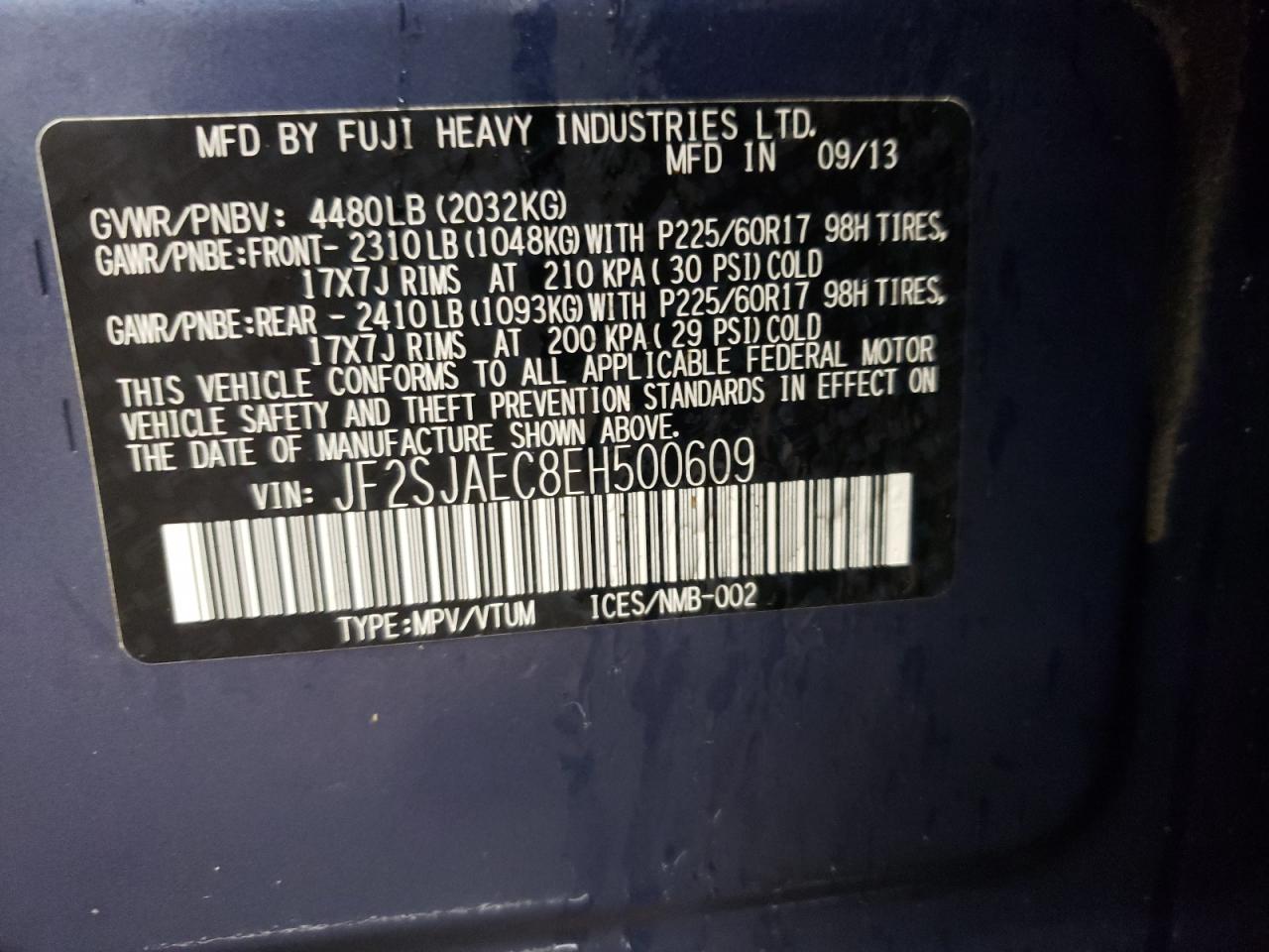 2014 Subaru Forester VIN JF2SJAEC8EH500609 Copart auction photo, front end damage thumbnail 12