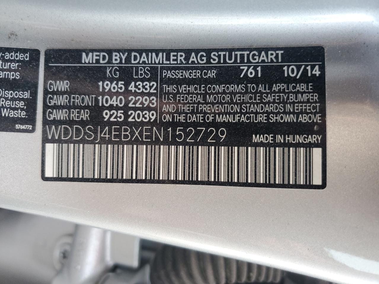 2014 Mercedes-Benz CLA-klasse VIN WDDSJ4EBXEN152729 Copart auction photo, top/roof damage thumbnail 13