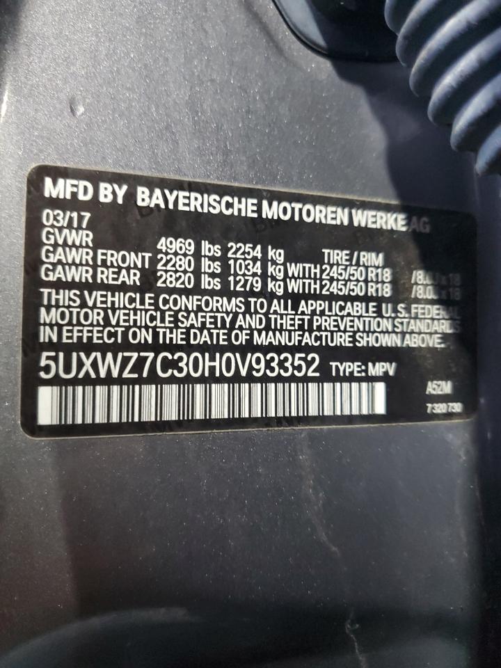 2017 BMW X3 VIN 5UXWZ7C30H0V93352 Copart auction photo, front end / side damage thumbnail 13