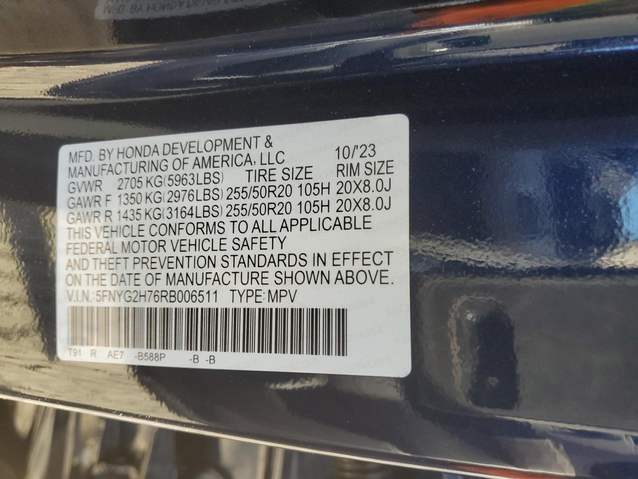2024 Honda Pilot VIN 5FNYG2H76RB006511 Copart auction photo, front end / rear end damage thumbnail 13