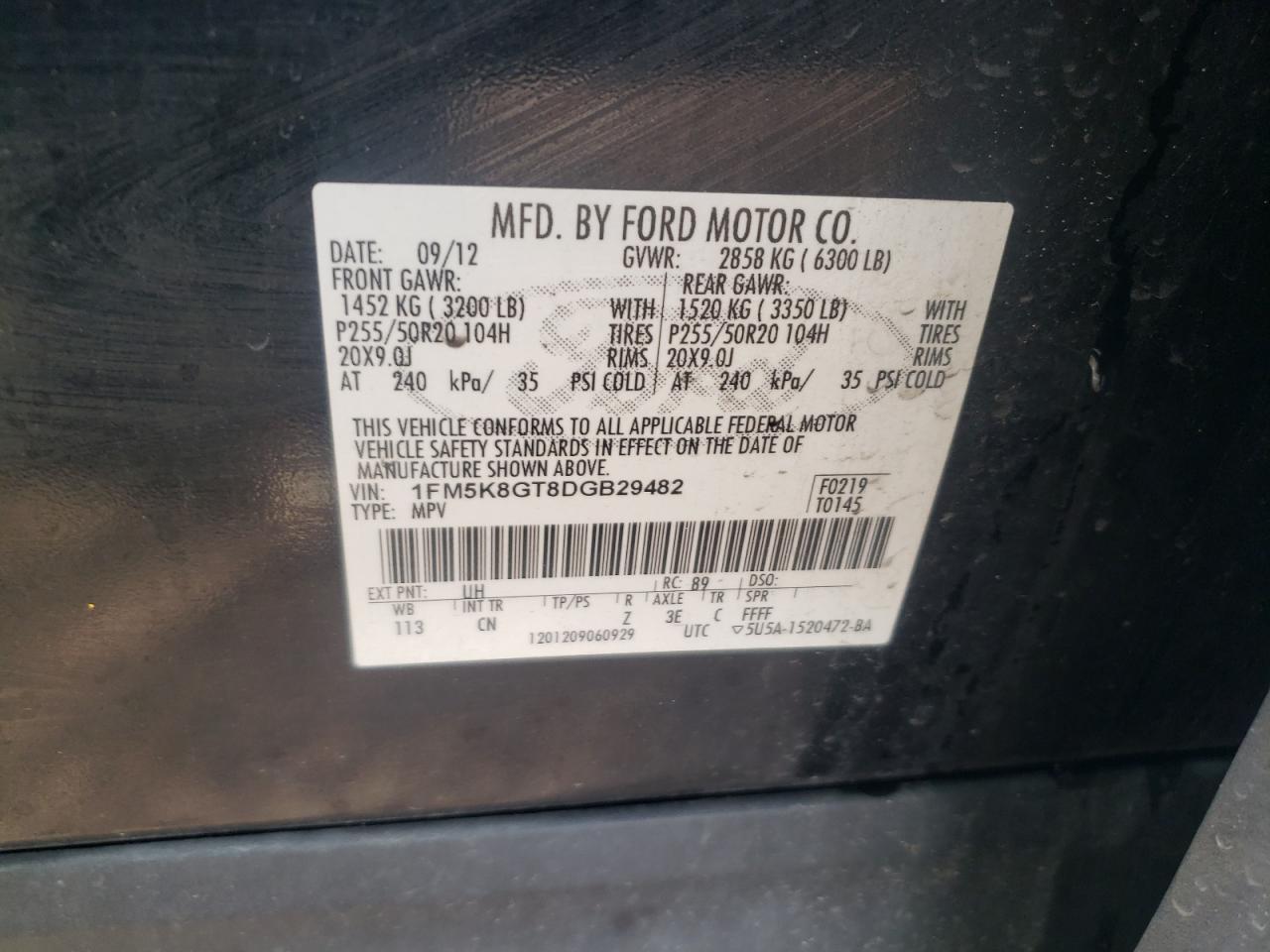 2013 Ford Explorer VIN 1FM5K8GT8DGB29482 Copart auction photo, water/flood / rear end damage thumbnail 16