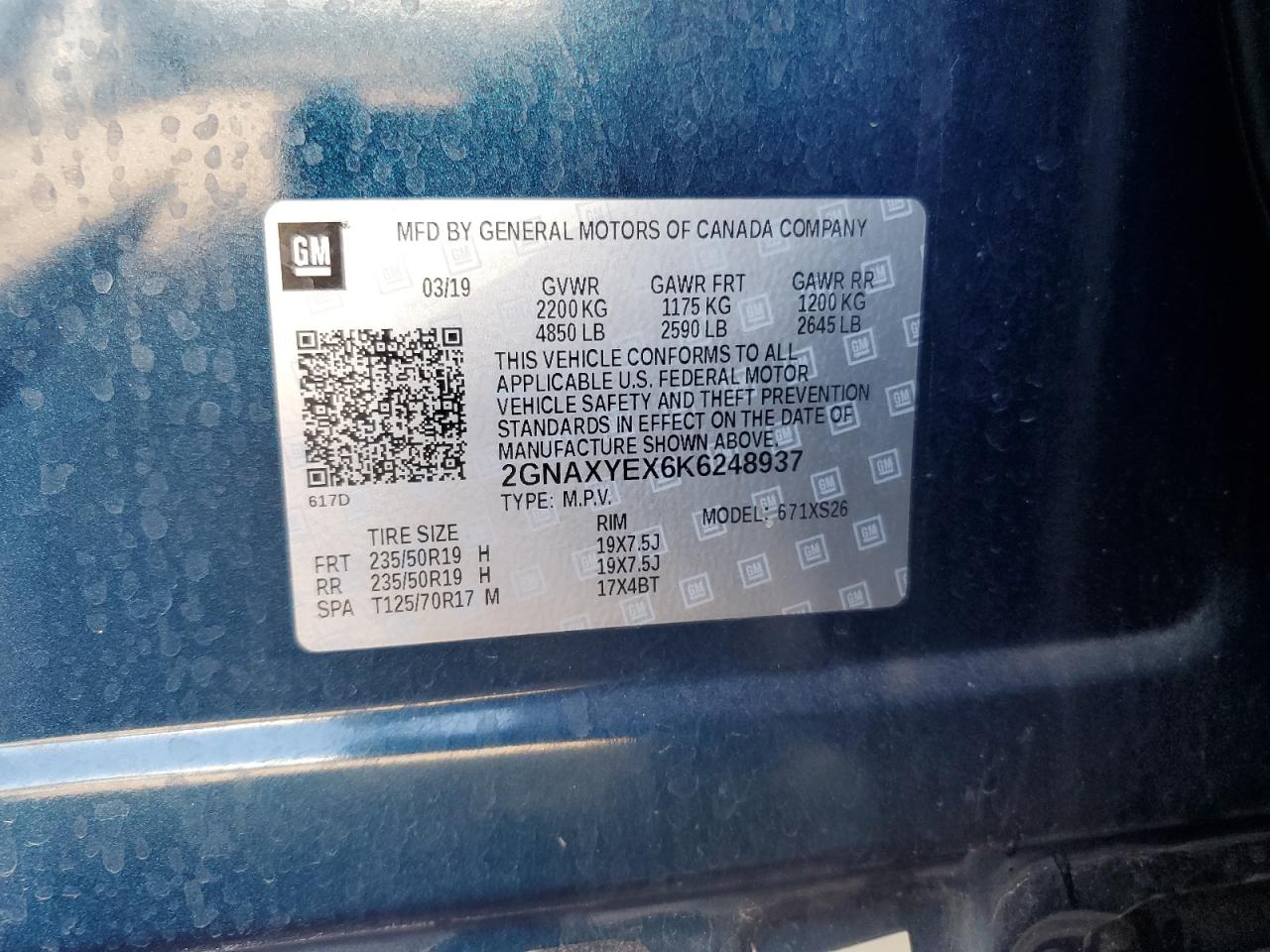 2019 Chevrolet Equinox VIN 2GNAXYEX6K6248937 Copart auction photo, front end / side damage thumbnail 15