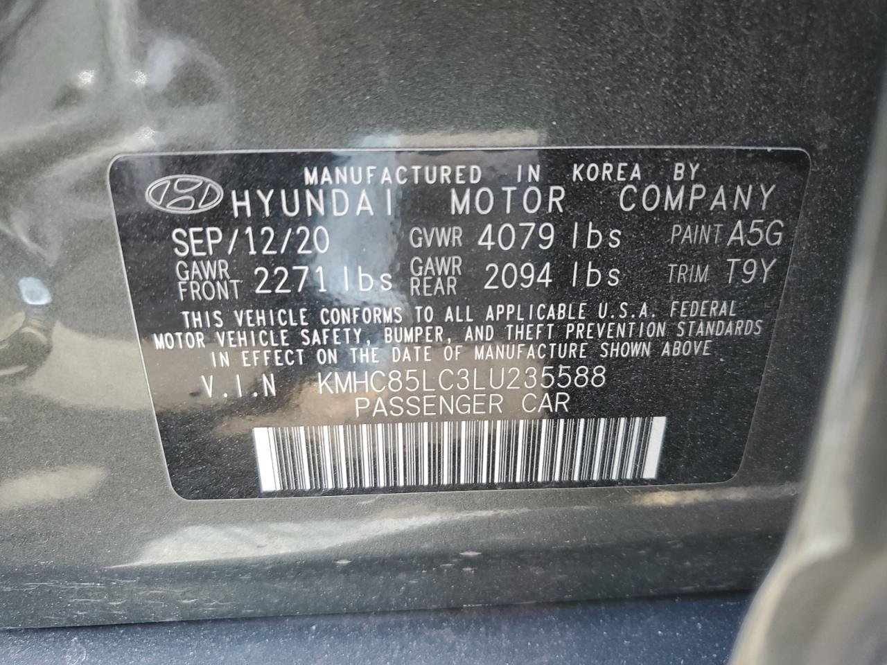 2020 Hyundai IONIQ VIN KMHC85LC3LU235588 Copart auction photo, front end damage thumbnail 14