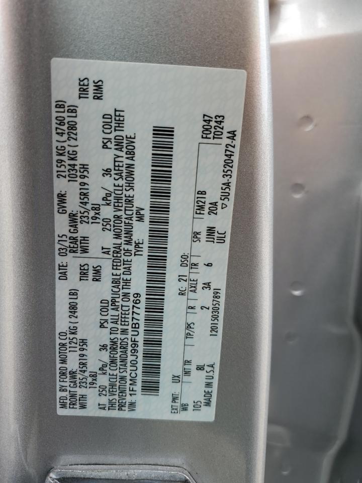 2015 Ford Escape VIN 1FMCU0J99FUB77769 Copart auction photo, front end / side damage thumbnail 16